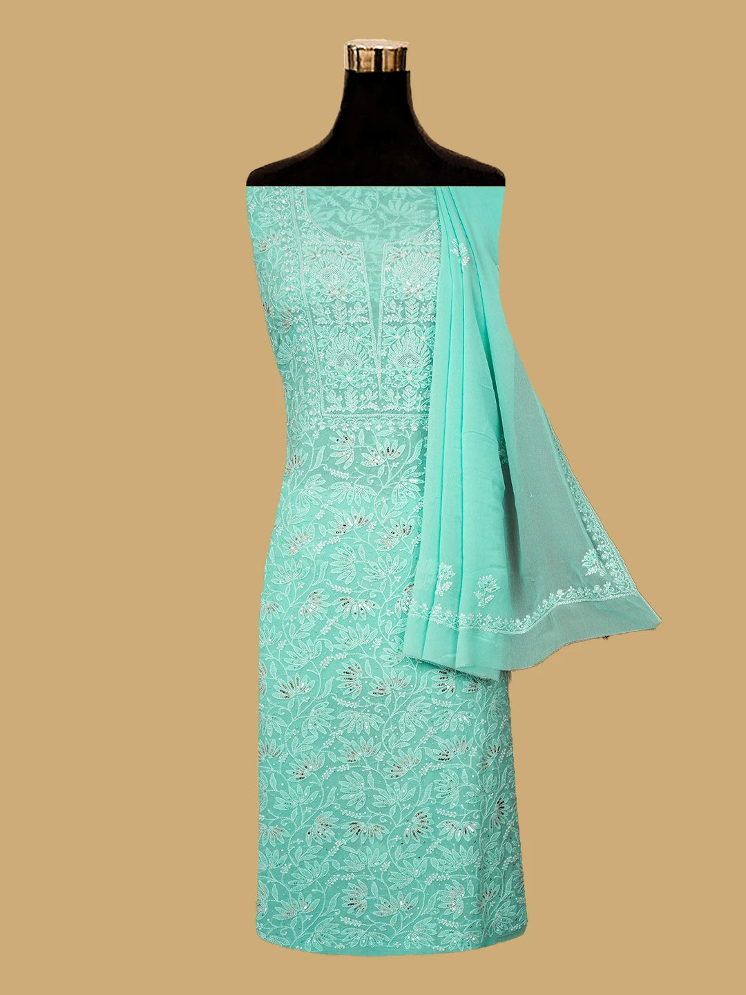 Ada Hand Embroidered Sea Green Pure Georgette Lucknowi Chikankari Unstitched Kurta Dupatta Set With Sequinned Work 01A662252