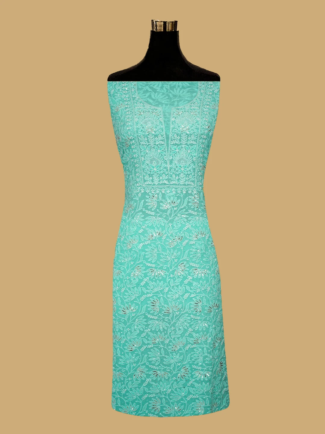 Ada Hand Embroidered Sea Green Pure Georgette Lucknowi Chikankari Unstitched Kurta Dupatta Set With Sequinned Work 01A662252