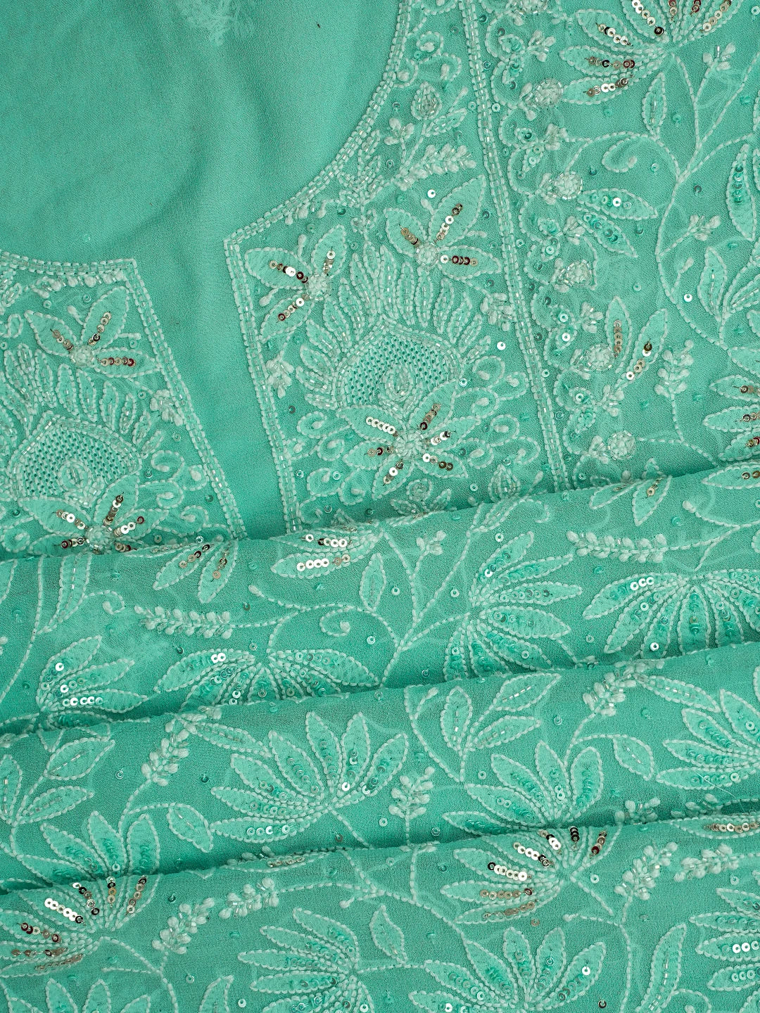 Ada Hand Embroidered Sea Green Pure Georgette Lucknowi Chikankari Unstitched Kurta Dupatta Set With Sequinned Work 01A662252