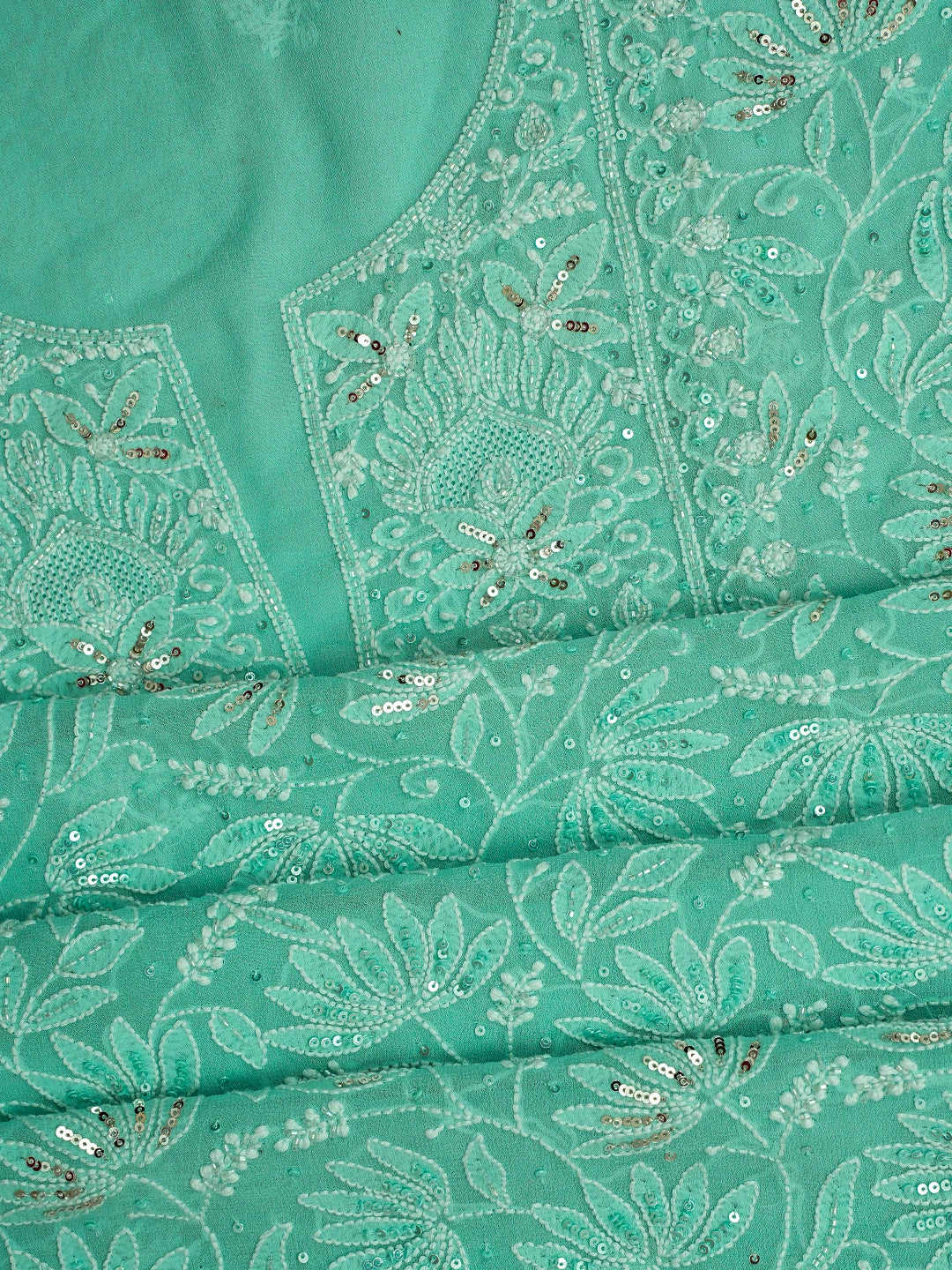 Ada Hand Embroidered Sea Green Pure Georgette Lucknowi Chikankari Unstitched Kurta Dupatta Set With Sequinned Work 01A662252