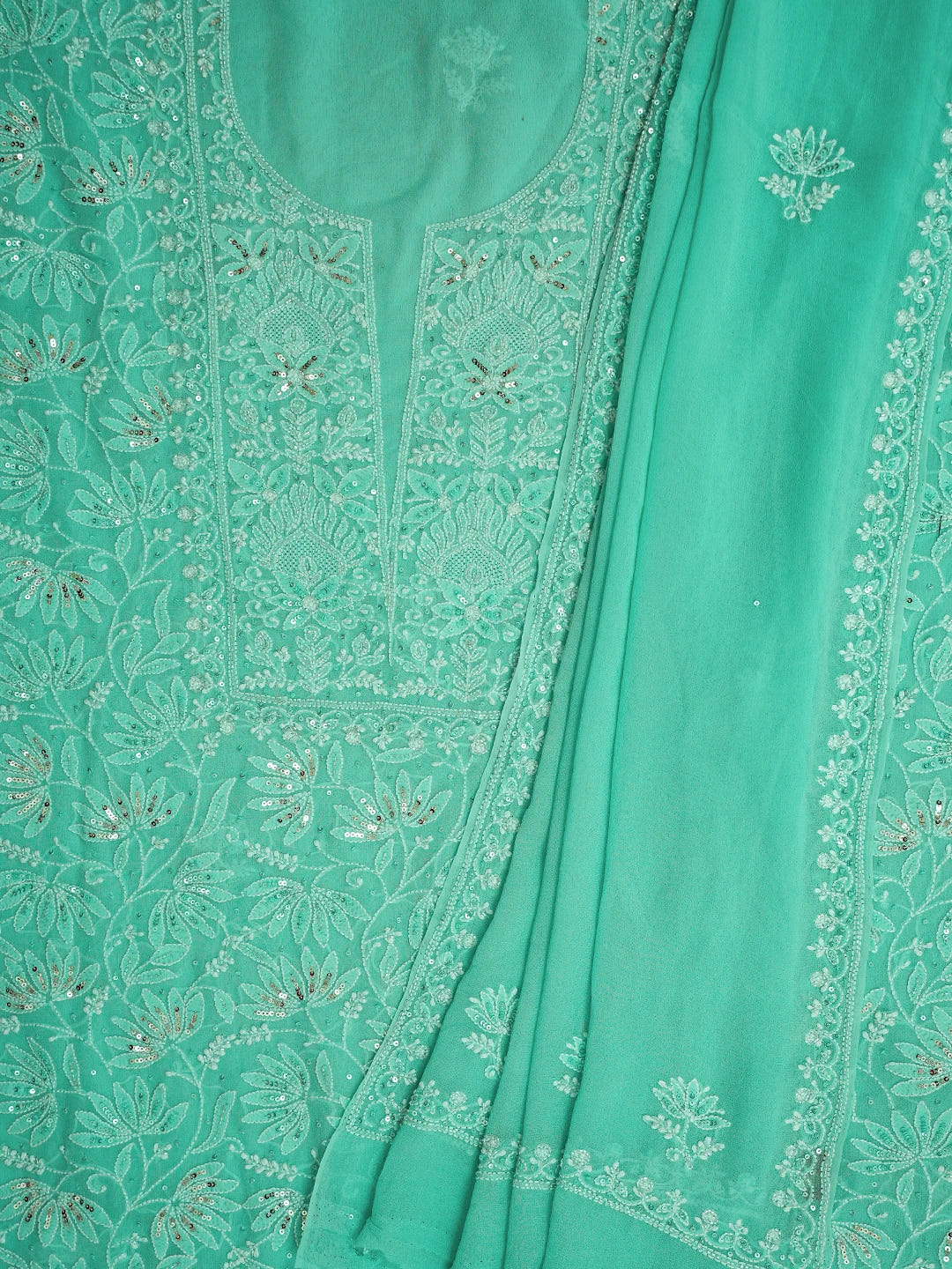 Ada Hand Embroidered Sea Green Pure Georgette Lucknowi Chikankari Unstitched Kurta Dupatta Set With Sequinned Work 01A662252