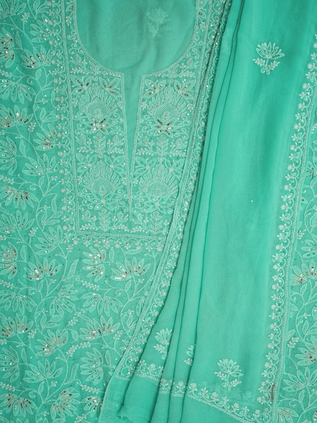 Ada Hand Embroidered Sea Green Pure Georgette Lucknowi Chikankari Unstitched Kurta Dupatta Set With Sequinned Work 01A662252
