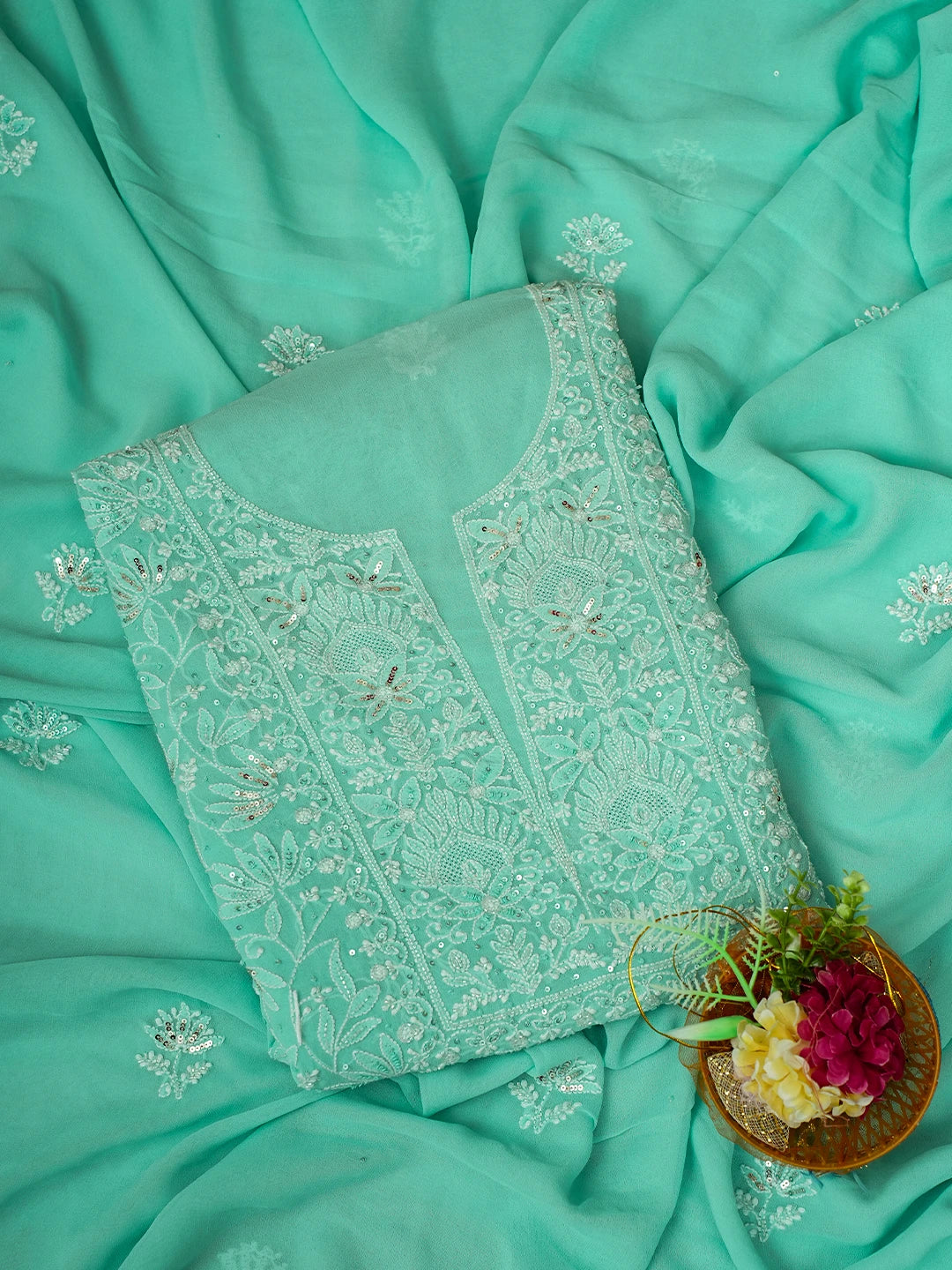 Ada Hand Embroidered Sea Green Pure Georgette Lucknowi Chikankari Unstitched Kurta Dupatta Set With Sequinned Work 01A662252