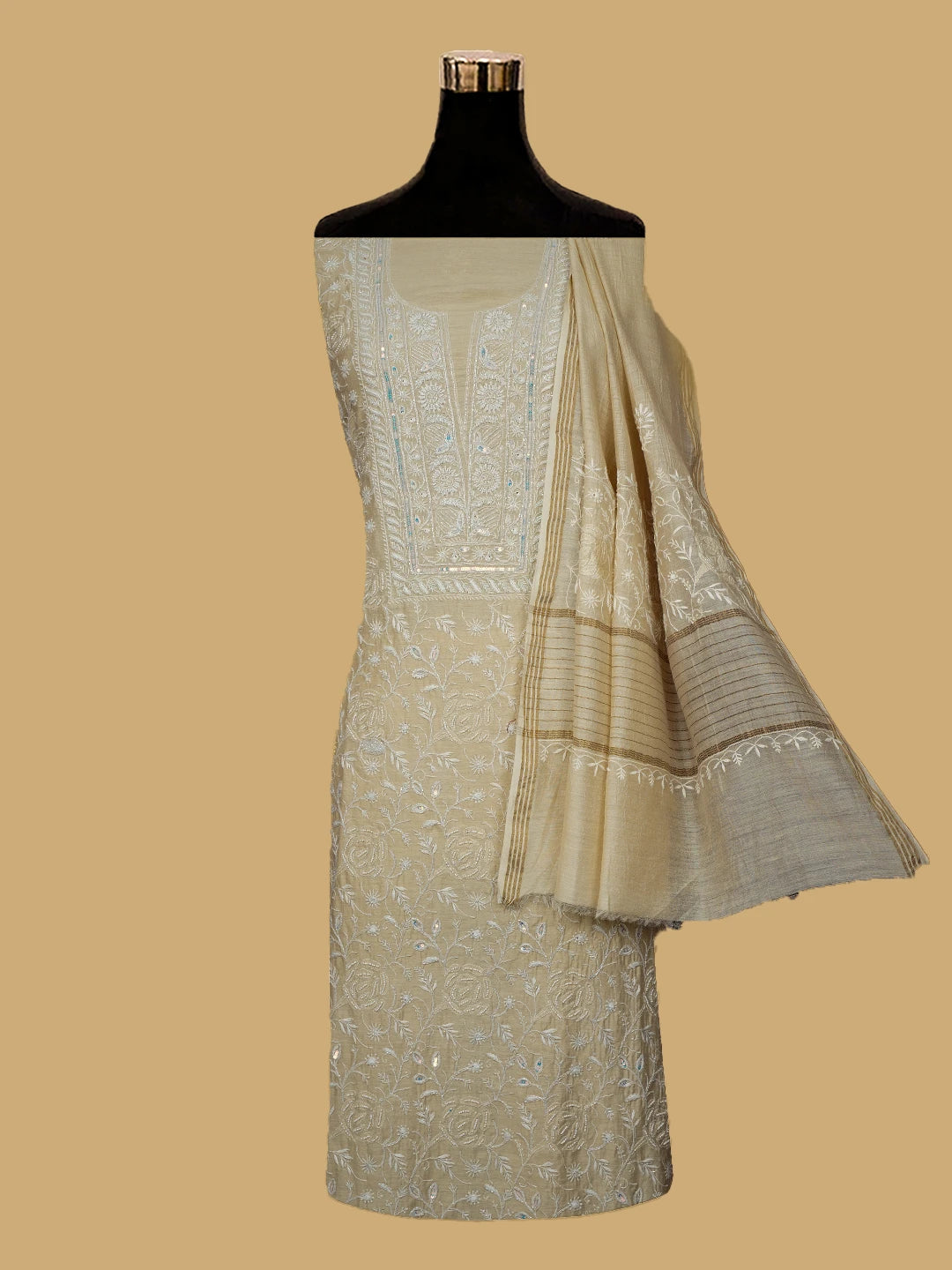 Ada Hand Embroidered Fawn Moonga Silk Lucknowi Chikankari Unstitched Kurta Dupatta Set With Cutdana Work 01A621920