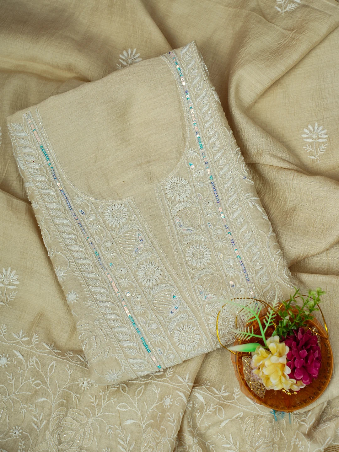 Ada Hand Embroidered Fawn Moonga Silk Lucknowi Chikankari Unstitched Kurta Dupatta Set With Cutdana Work 01A621920