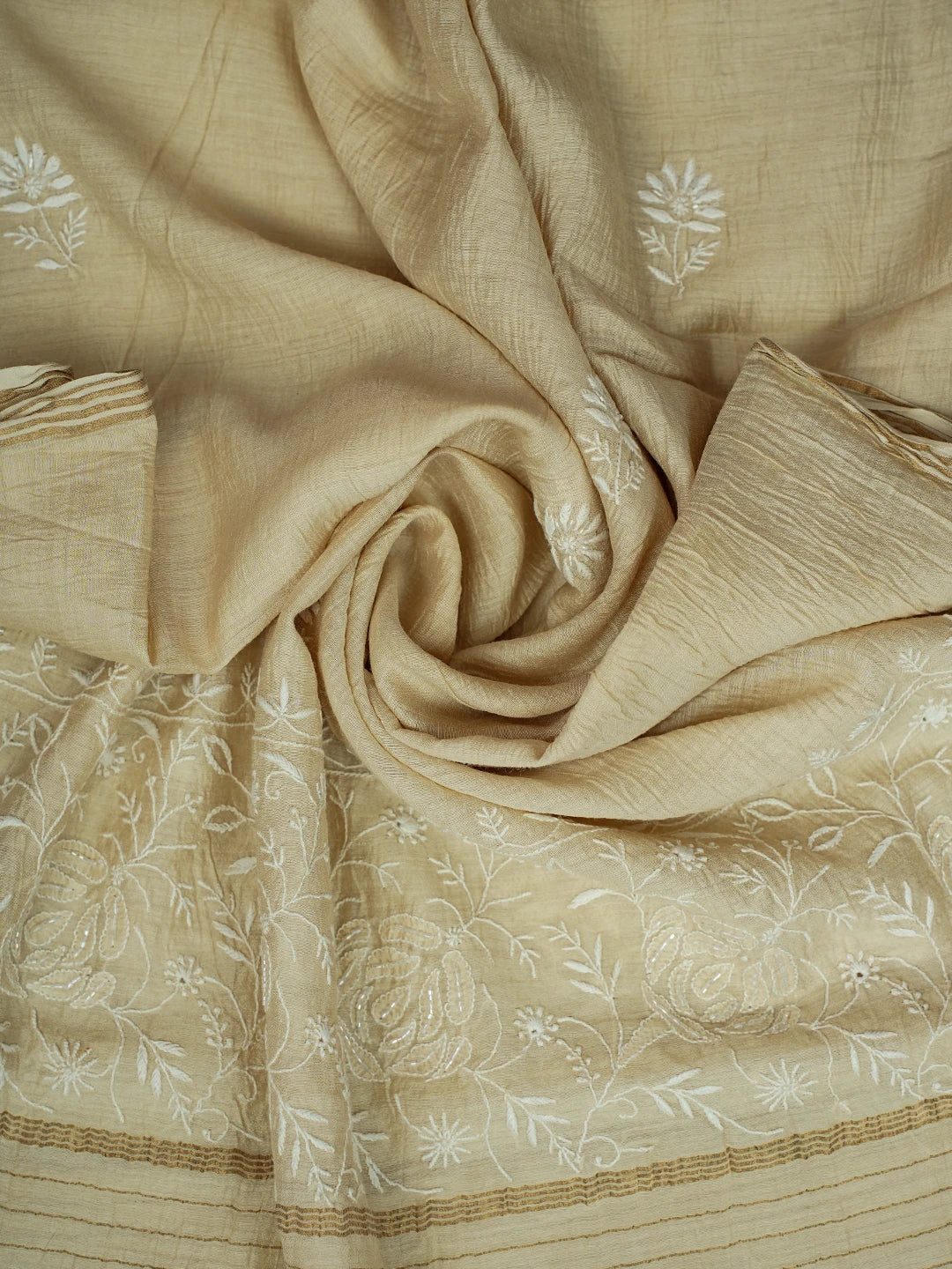 Ada Hand Embroidered Fawn Moonga Silk Lucknowi Chikankari Unstitched Kurta Dupatta Set With Cutdana Work 01A621920