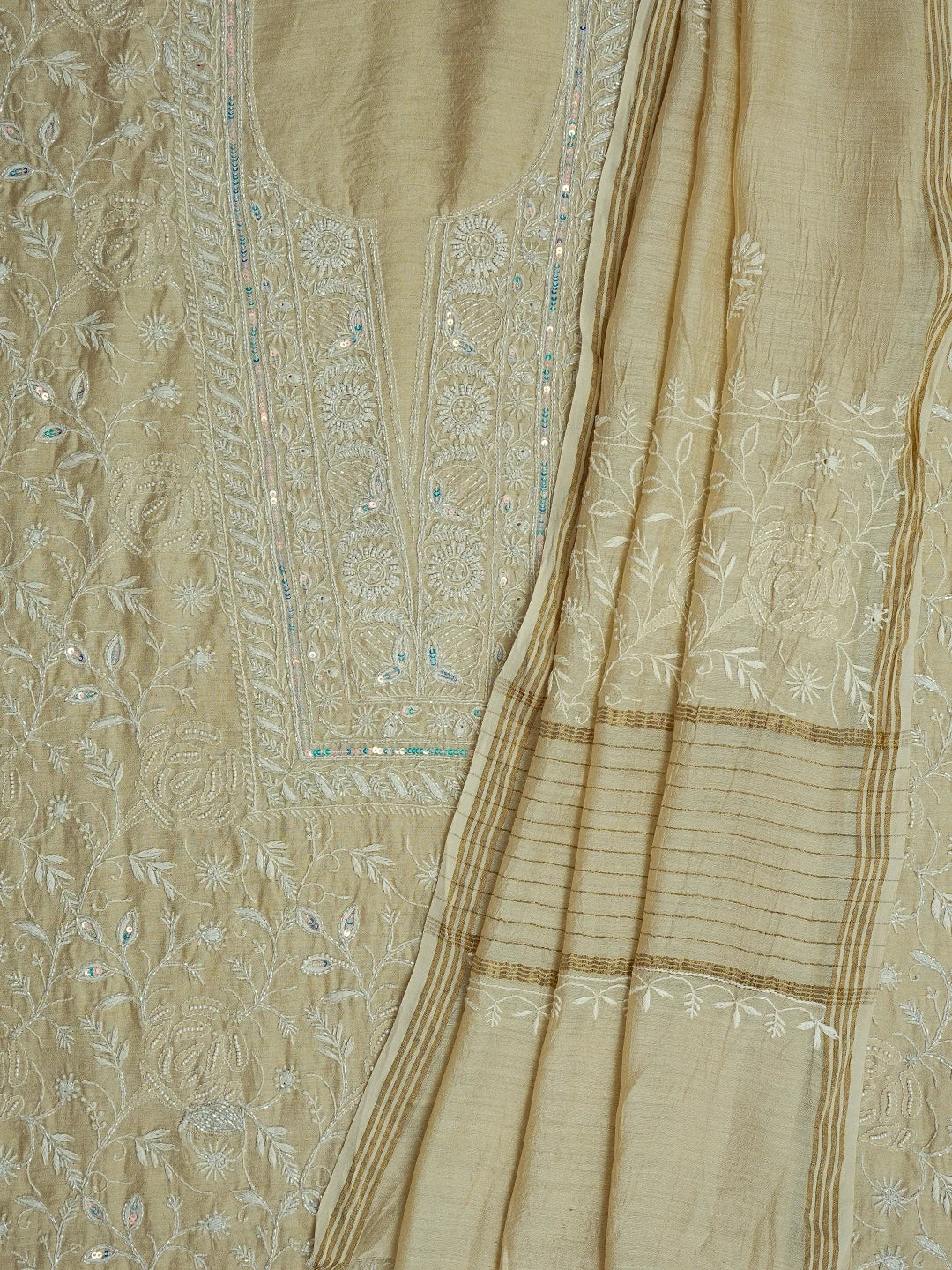 Ada Hand Embroidered Fawn Moonga Silk Lucknowi Chikankari Unstitched Kurta Dupatta Set With Cutdana Work 01A621920
