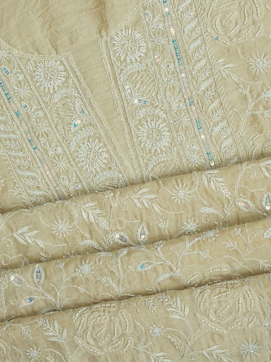 Ada Hand Embroidered Fawn Moonga Silk Lucknowi Chikankari Unstitched Kurta Dupatta Set With Cutdana Work 01A621920