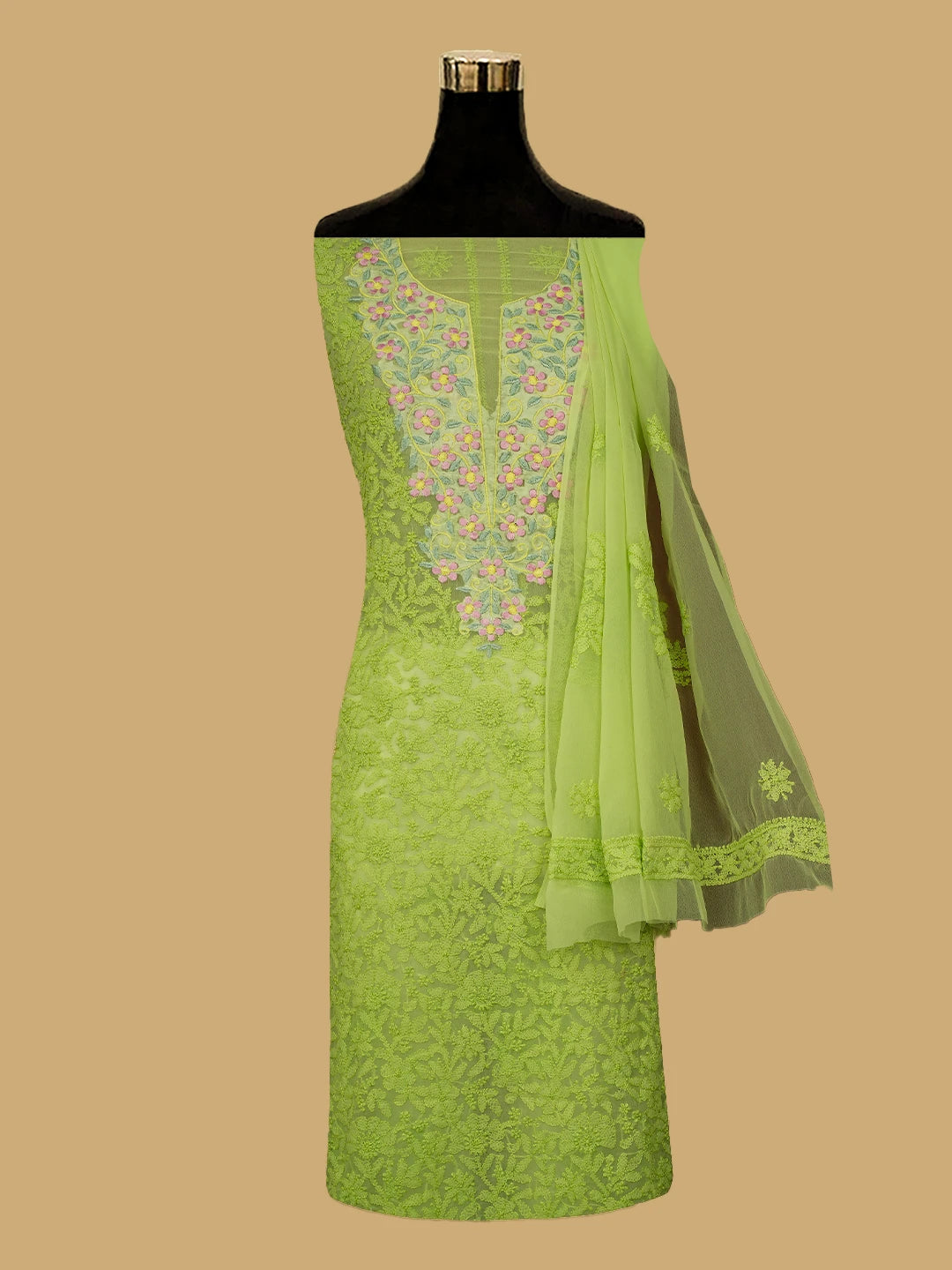 Ada Hand Embroidered Lime Green Georgette Lucknowi Chikankari Unstitched Suit Piece With Parsi Work 01A608567
