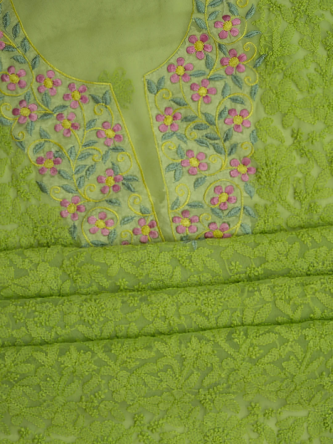 Ada Hand Embroidered Lime Green Georgette Lucknowi Chikankari Unstitched Suit Piece With Parsi Work 01A608567