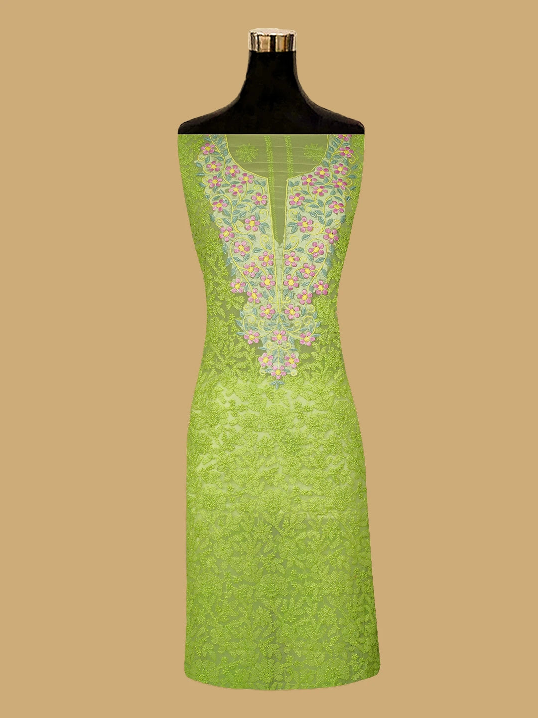 Ada Hand Embroidered Lime Green Georgette Lucknowi Chikankari Unstitched Suit Piece With Parsi Work 01A608567