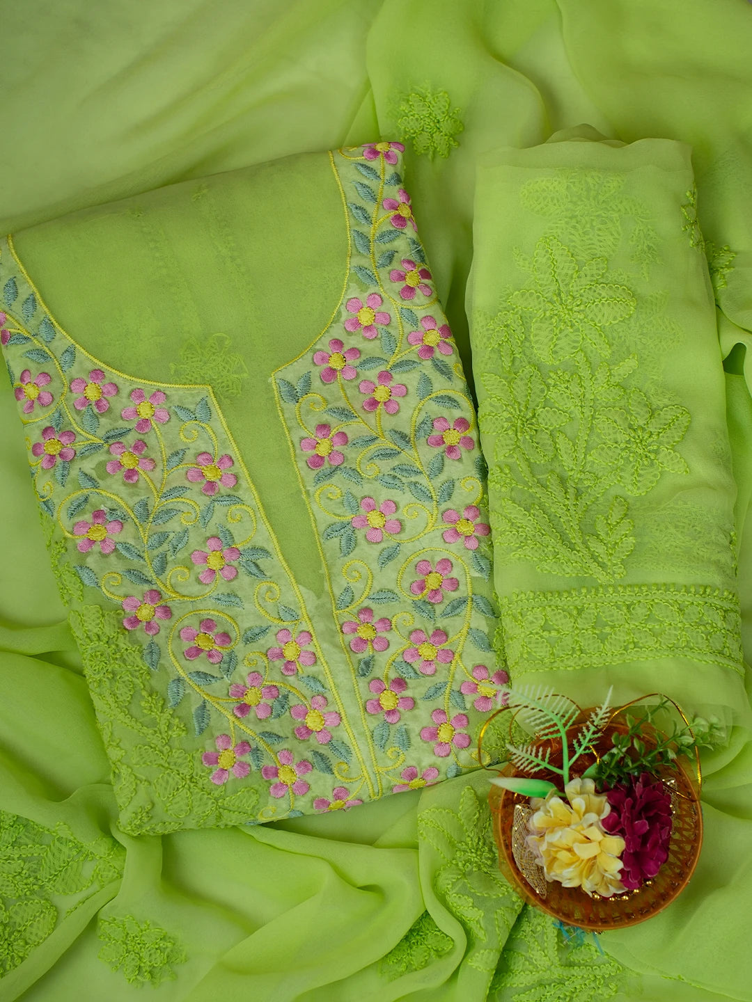 Ada Hand Embroidered Lime Green Georgette Lucknowi Chikankari Unstitched Suit Piece With Parsi Work 01A608567