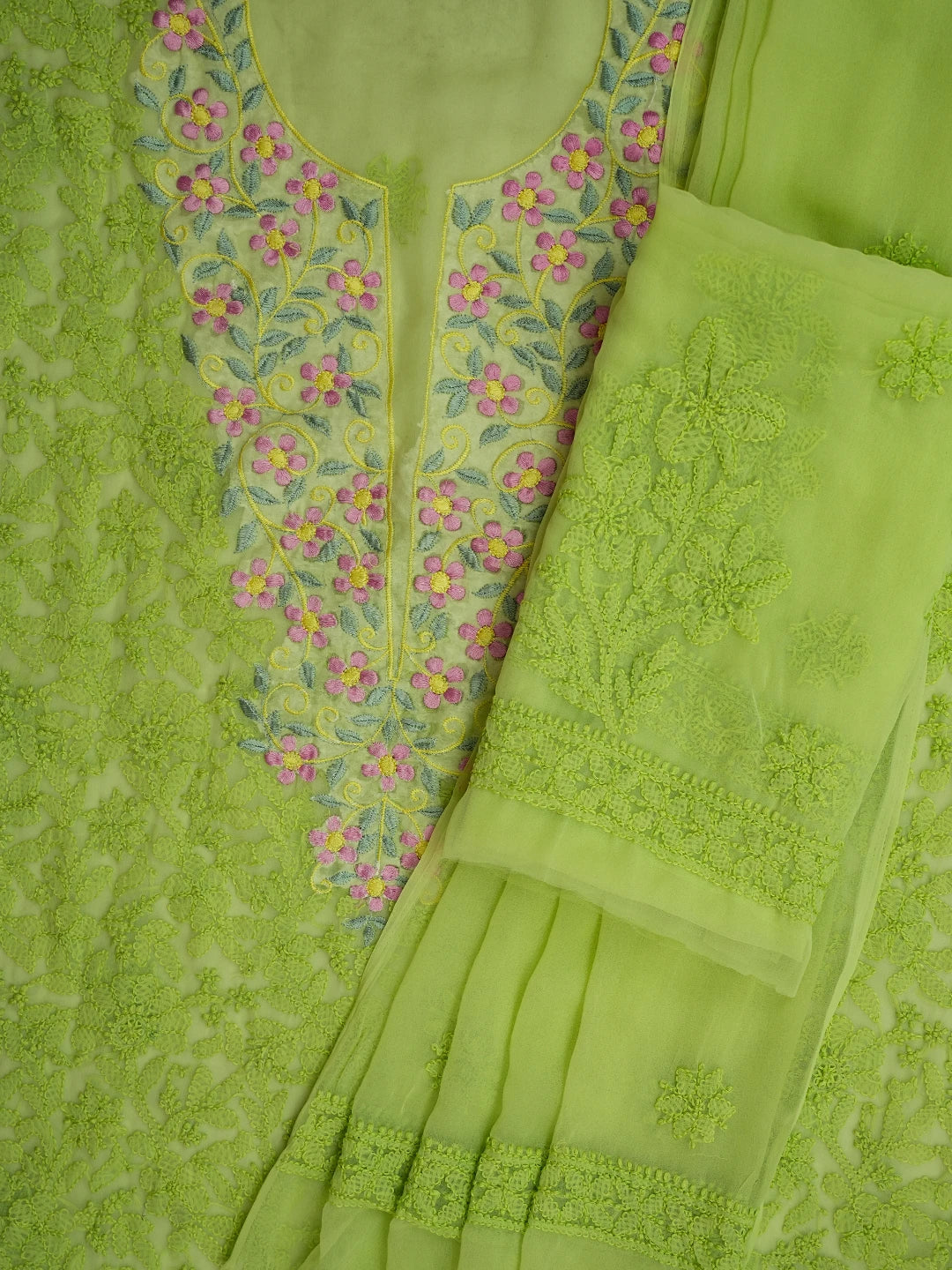 Ada Hand Embroidered Lime Green Georgette Lucknowi Chikankari Unstitched Suit Piece With Parsi Work 01A608567
