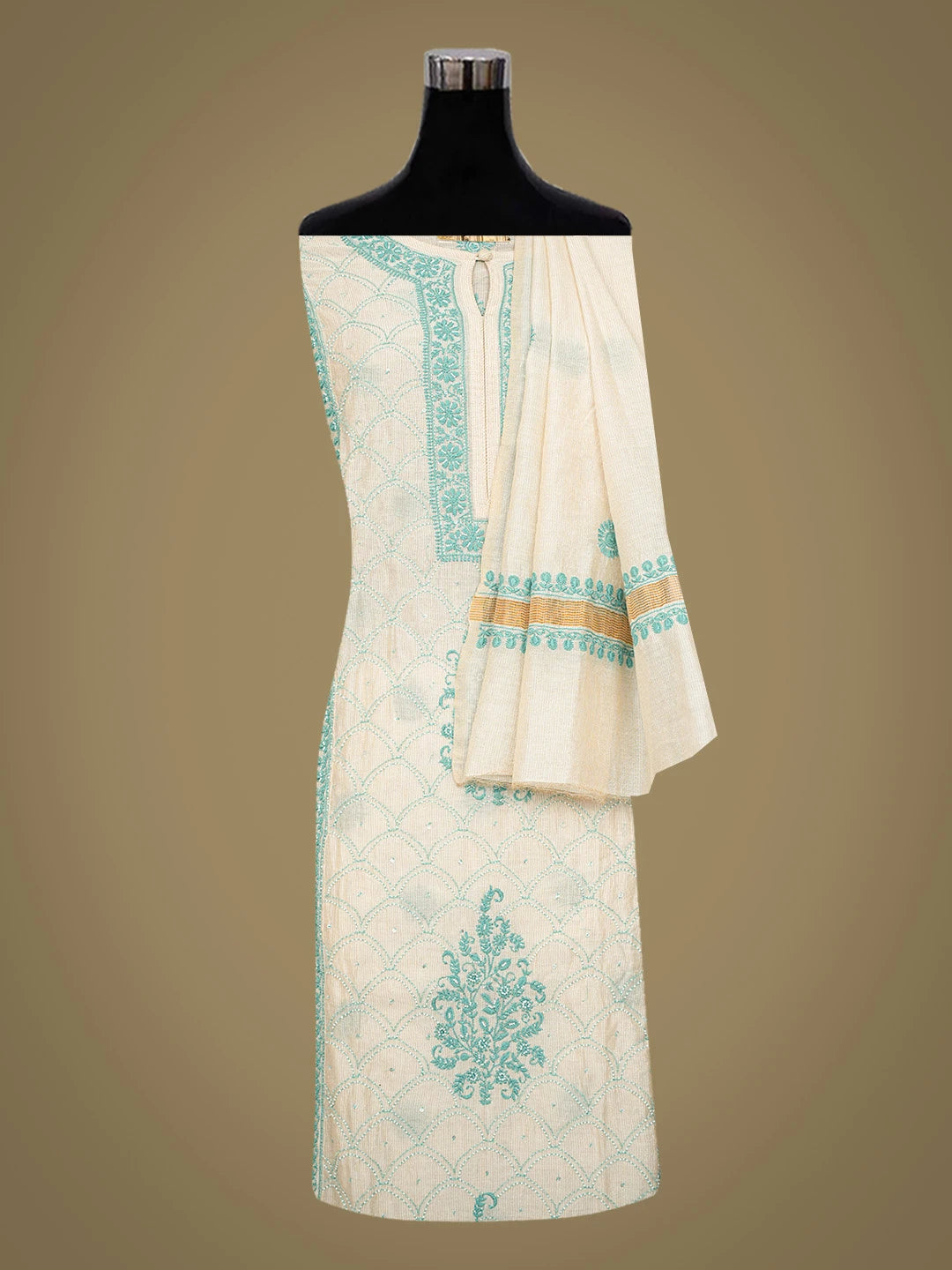 Ada Hand Embroidered Fawn Chanderi Lucknowi Chikankari Semi-Stitched Anarkali Kurta Dupatta Set With Cutdana Work 01A584947
