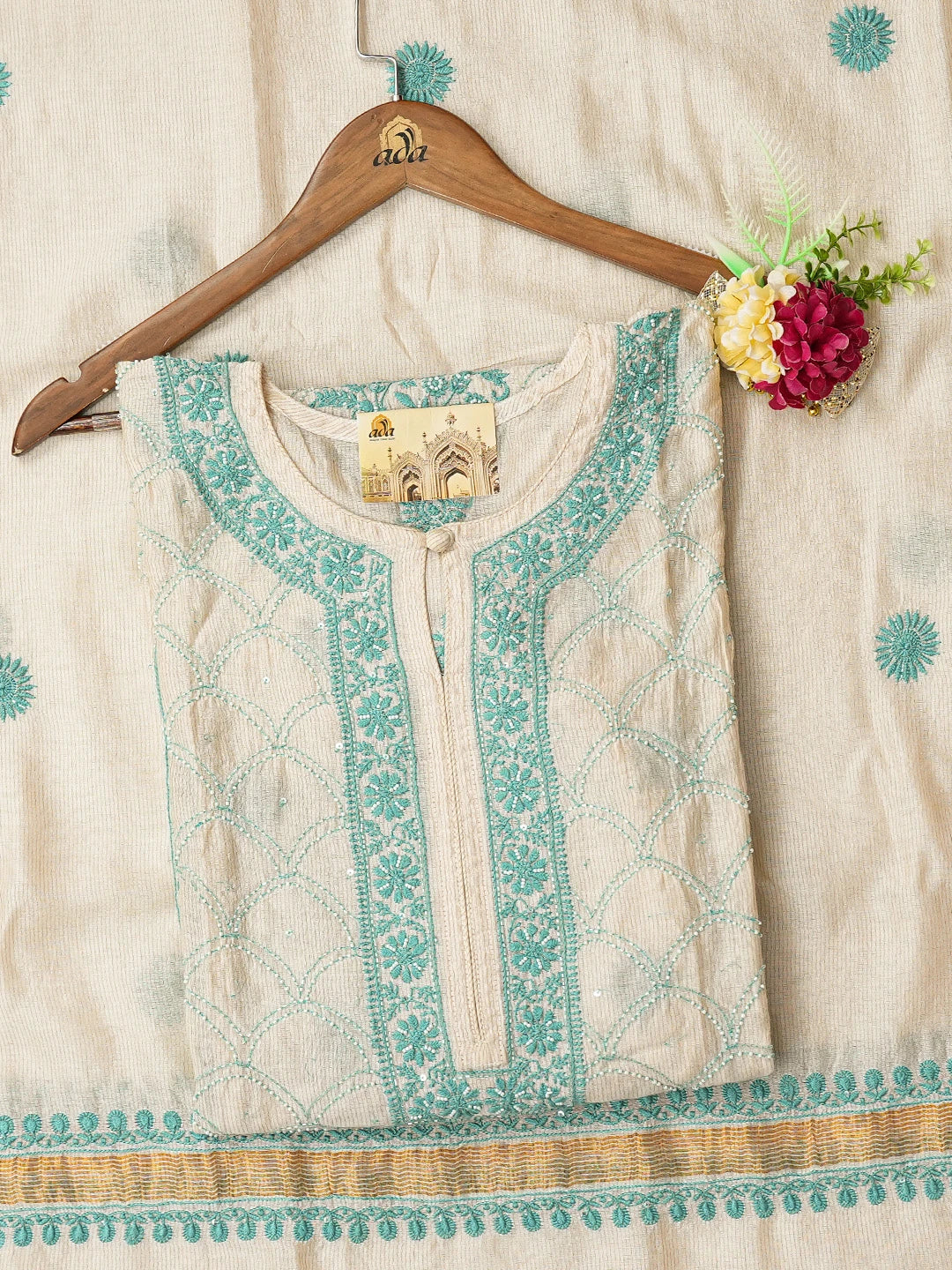 Ada Hand Embroidered Fawn Chanderi Lucknowi Chikankari Semi-Stitched Anarkali Kurta Dupatta Set With Cutdana Work 01A584947