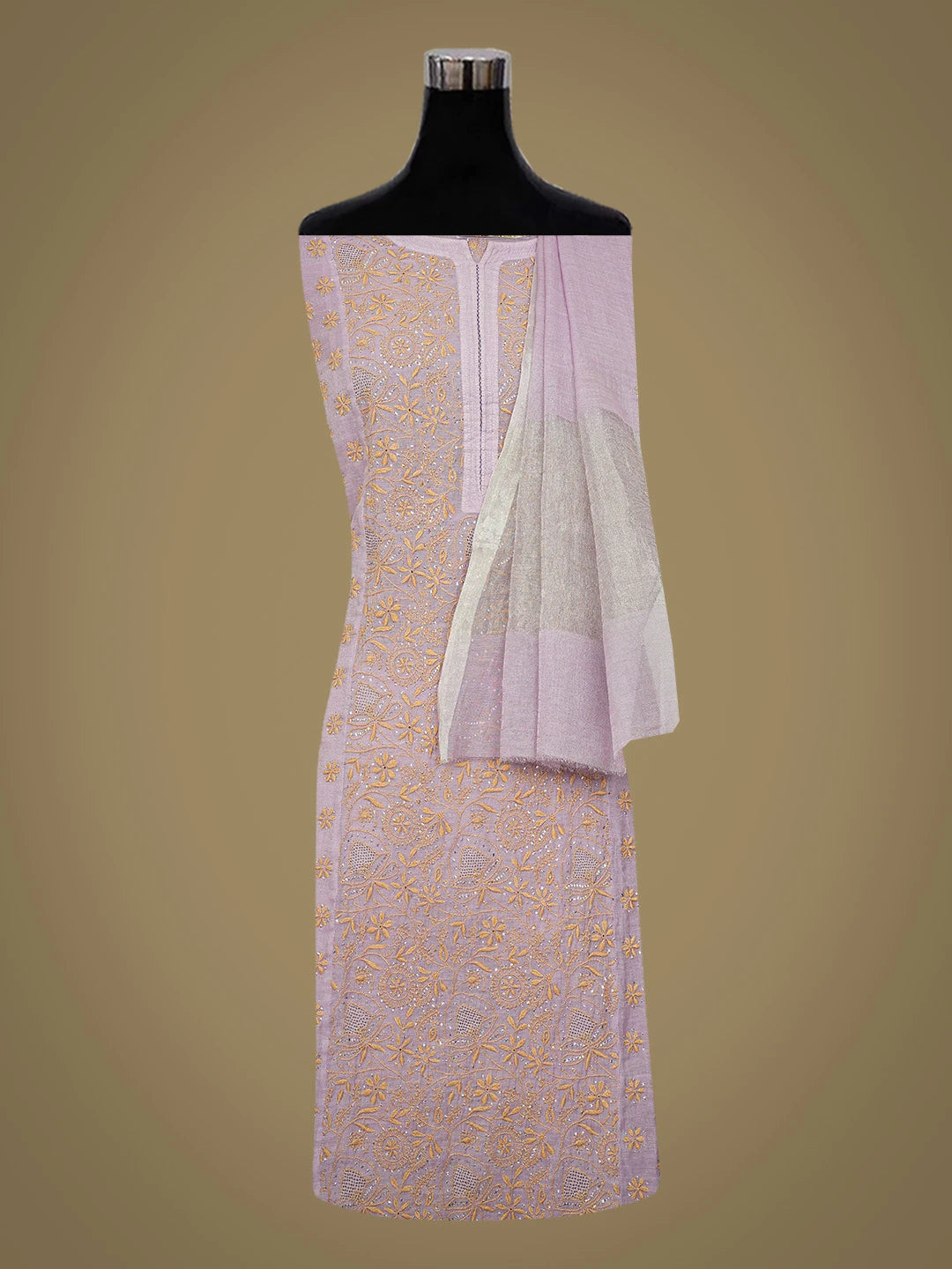 Ada Hand Embroidered Lavender Tissue Lucknowi Chikankari Semi-stitched Kurta Dupatta Set With Muqaish Work 01A702576