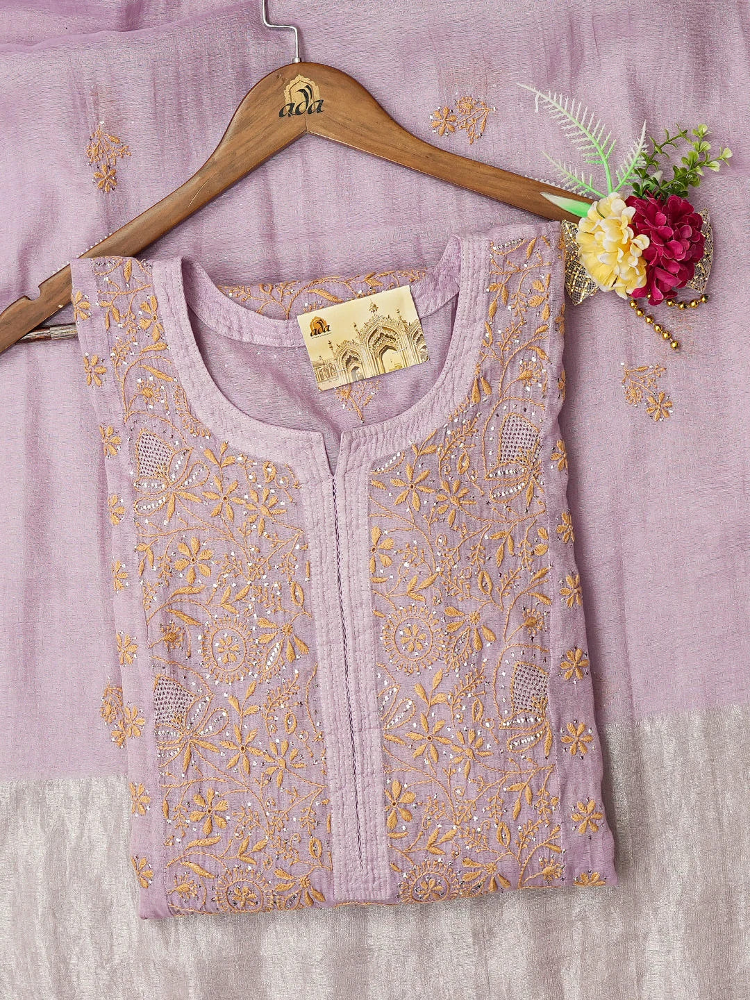 Ada Hand Embroidered Lavender Tissue Lucknowi Chikankari Semi-stitched Kurta Dupatta Set With Muqaish Work 01A702576