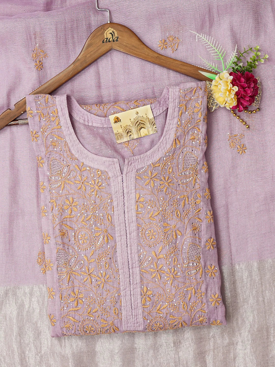 Ada Hand Embroidered Lavender Tissue Lucknowi Chikankari Semi-stitched Kurta Dupatta Set With Muqaish Work 01A702576