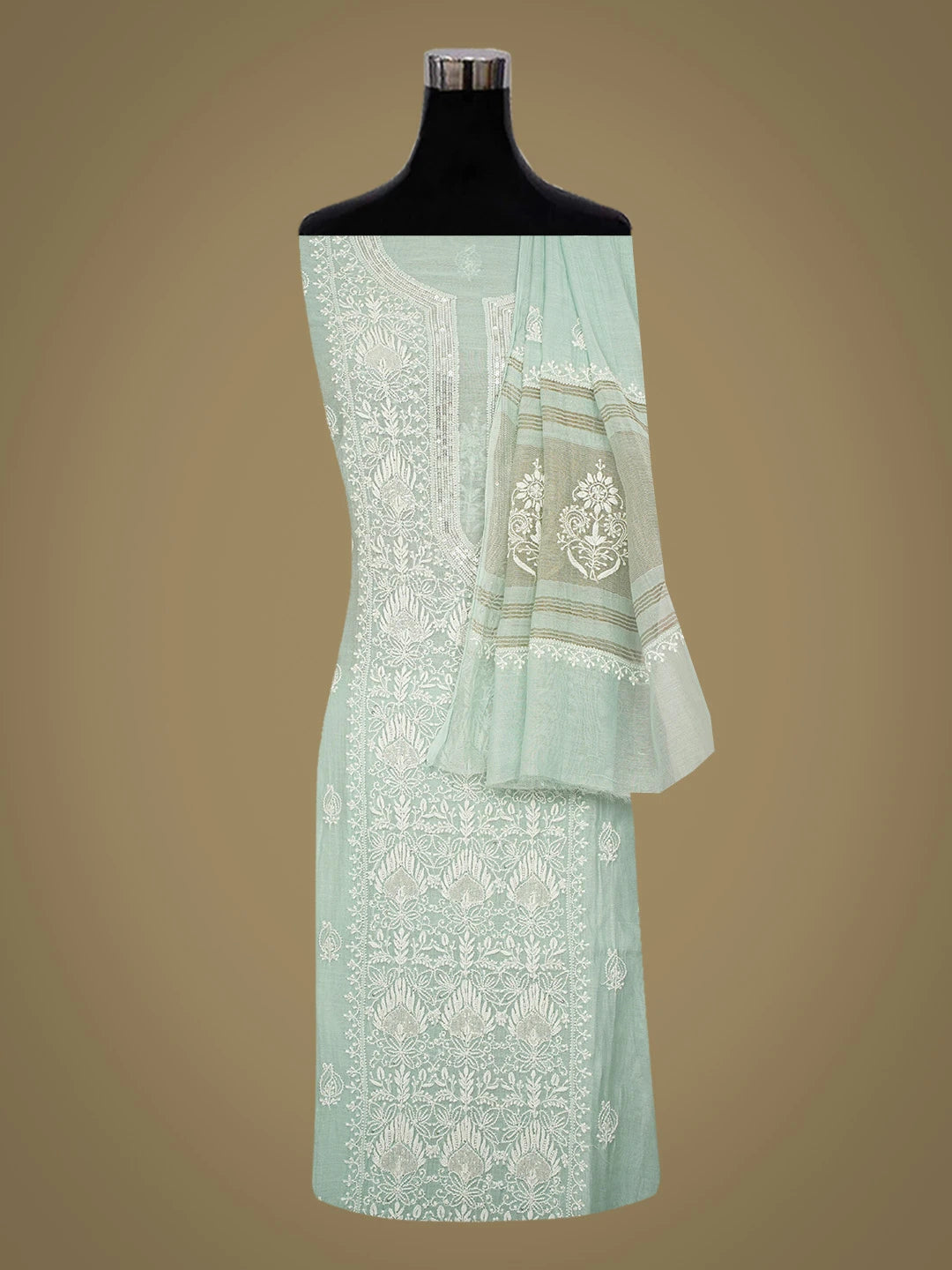 Ada Hand Embroidered Sea Green Chanderi Lucknowi Chikankari Semi-Stitched Kurta Dupatta Set with Cutdana Work 01A722421