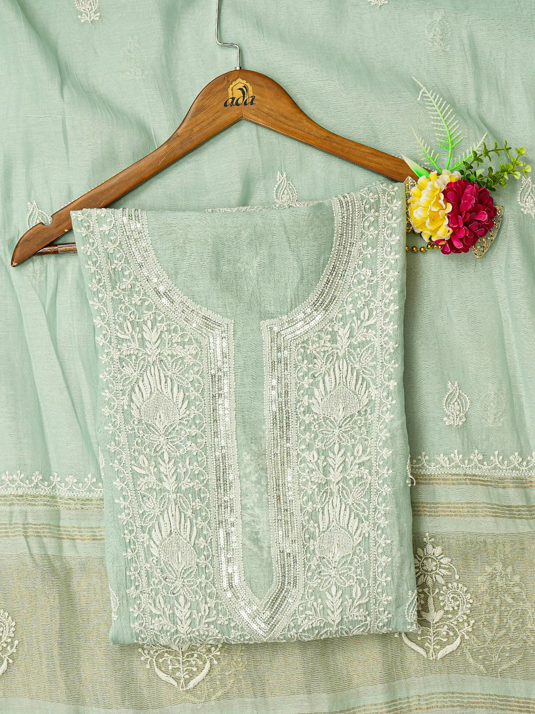 Ada Hand Embroidered Sea Green Chanderi Lucknowi Chikankari Semi-Stitched Kurta Dupatta Set with Cutdana Work 01A722421