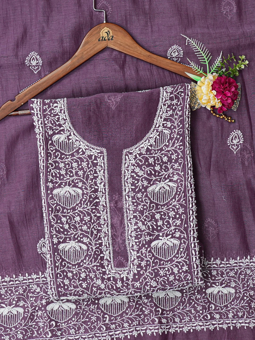 Ada Hand Embroidered Purple Chanderi Lucknowi Chikankari Semi-Stitched Kurta Dupatta Set with Cutdana Work 01A722408