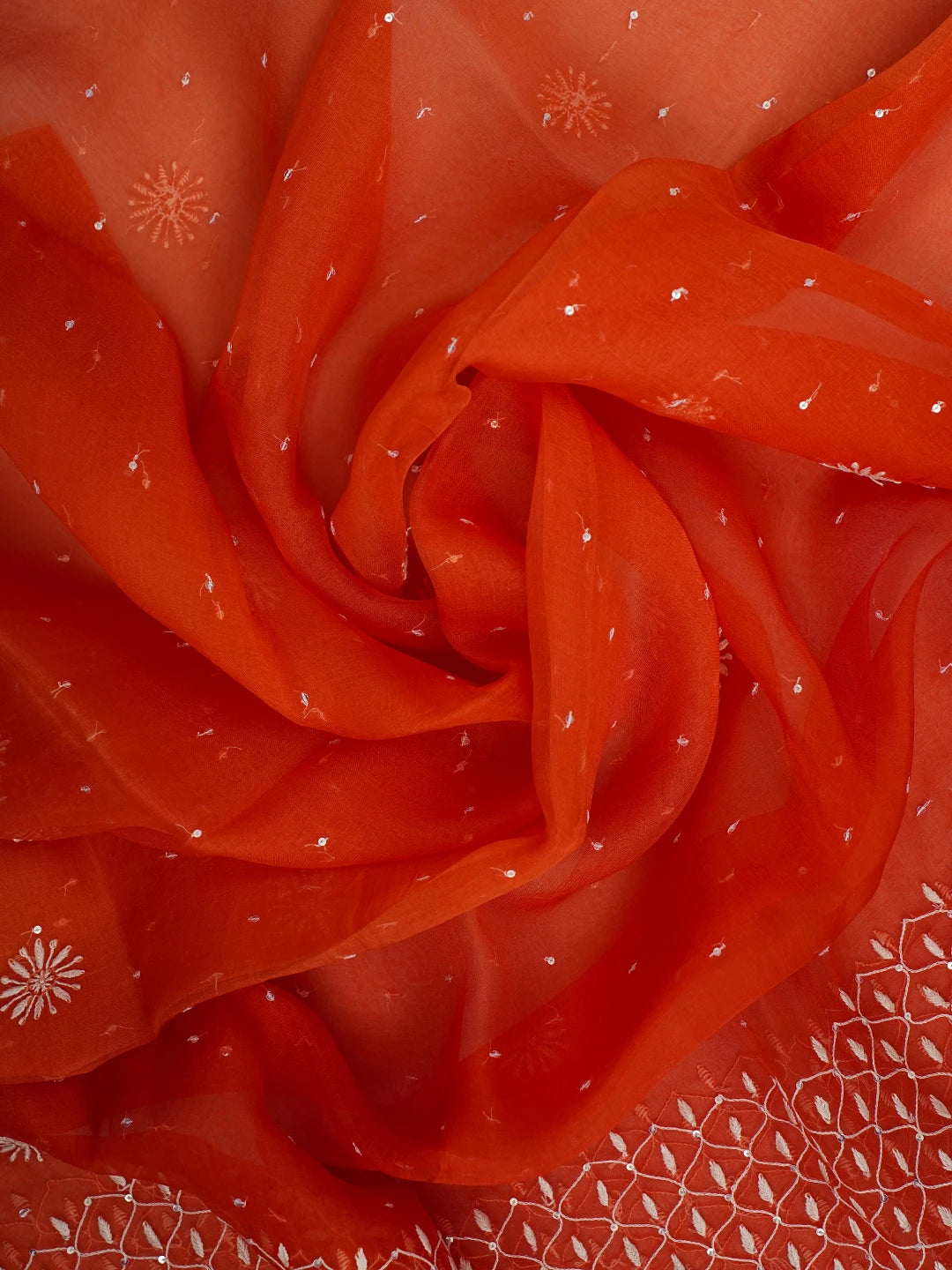 Ada Hand Embroidered Orange Organza Lucknowi Chikankari Semi-Stitched Kurta Dupatta Set With Cutdana Work 01A705262