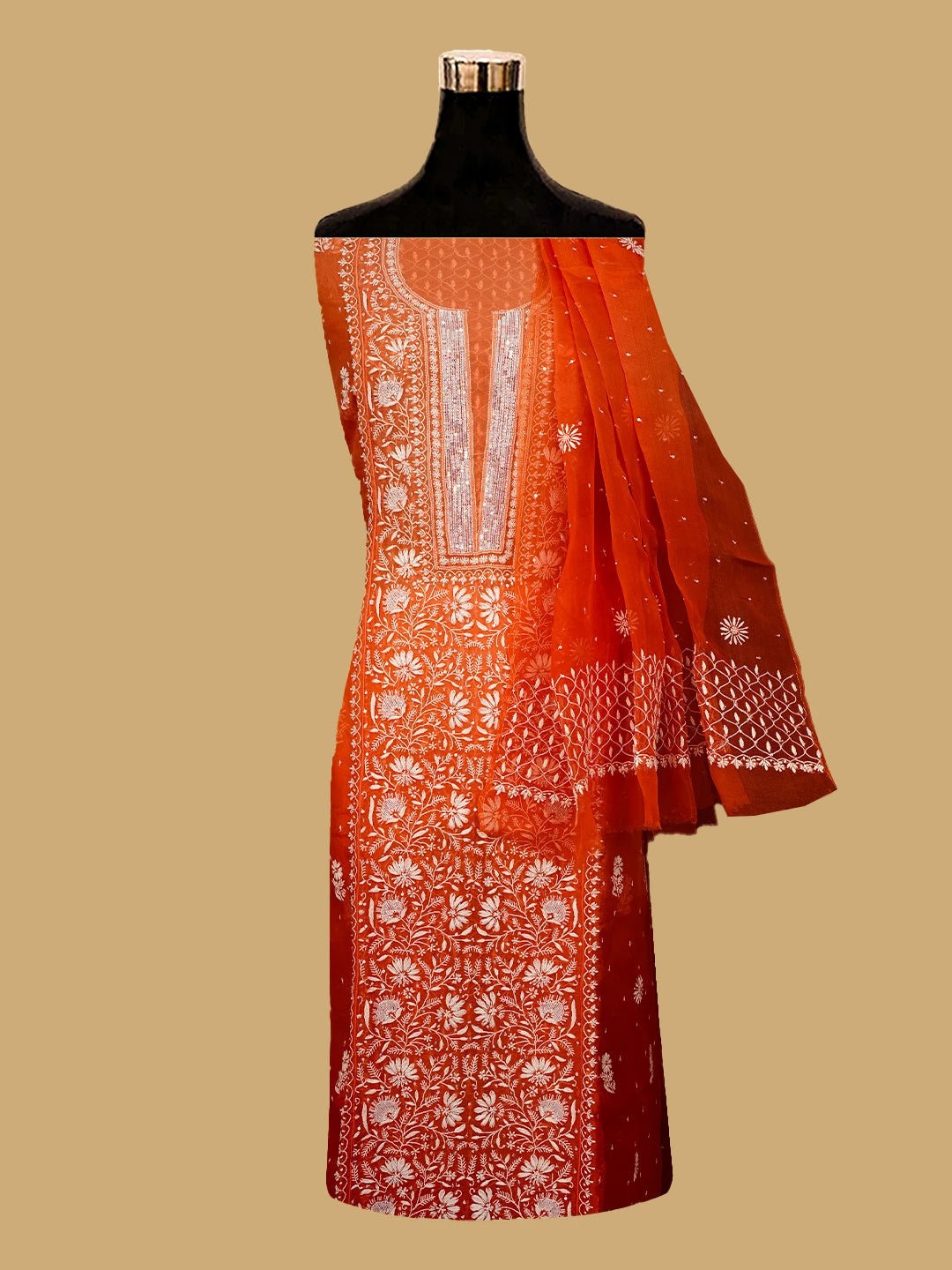 Ada Hand Embroidered Orange Organza Lucknowi Chikankari Semi-Stitched Kurta Dupatta Set With Cutdana Work 01A705262