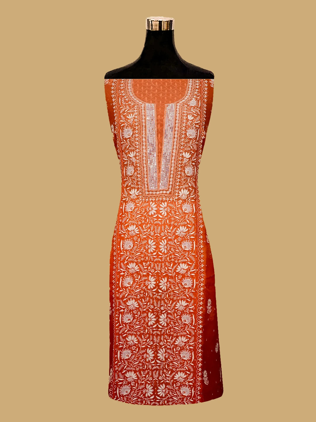 Ada Hand Embroidered Orange Organza Lucknowi Chikankari Semi-Stitched Kurta Dupatta Set With Cutdana Work 01A705262