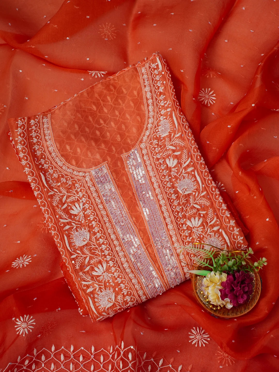 Ada Hand Embroidered Orange Organza Lucknowi Chikankari Semi-Stitched Kurta Dupatta Set With Cutdana Work 01A705262