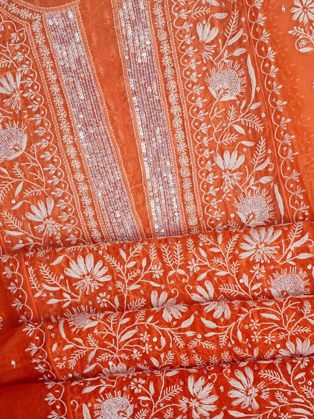 Ada Hand Embroidered Orange Organza Lucknowi Chikankari Semi-Stitched Kurta Dupatta Set With Cutdana Work 01A705262
