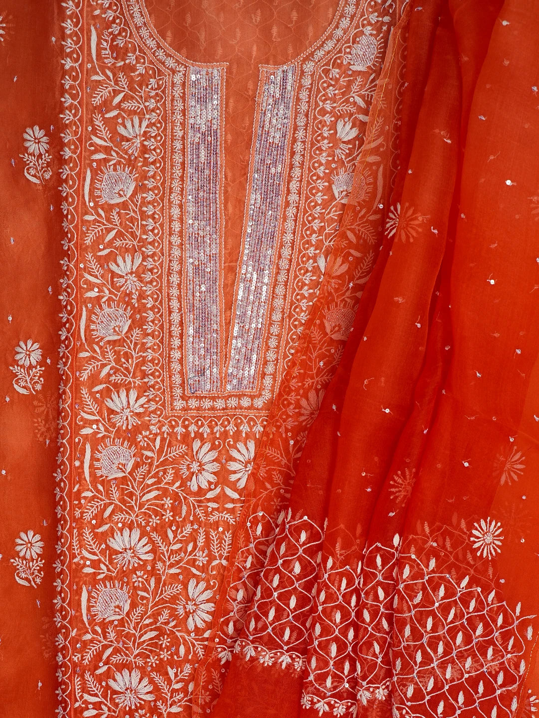 Ada Hand Embroidered Orange Organza Lucknowi Chikankari Semi-Stitched Kurta Dupatta Set With Cutdana Work 01A705262
