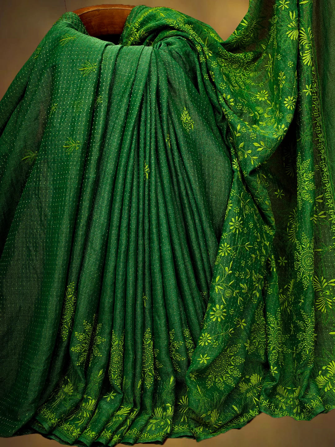 Ada Hand Embroidered Green Tissue Lucknowi Chikankari Saree and Blouse 01A679617
