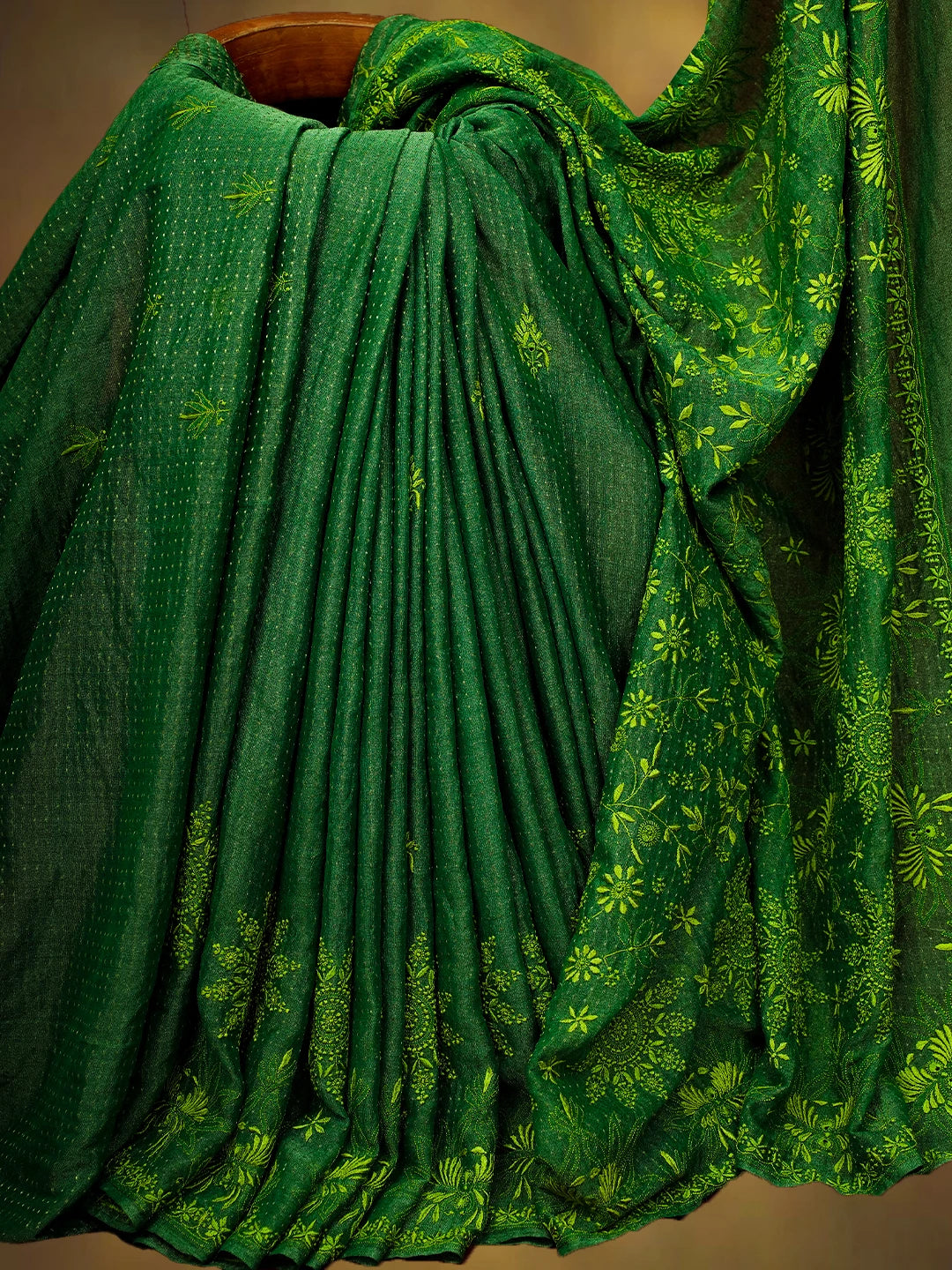 Ada Hand Embroidered Green Tissue Lucknowi Chikankari Saree and Blouse 01A679617
