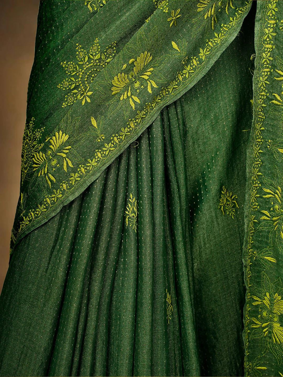 Ada Hand Embroidered Green Tissue Lucknowi Chikankari Saree and Blouse 01A679617