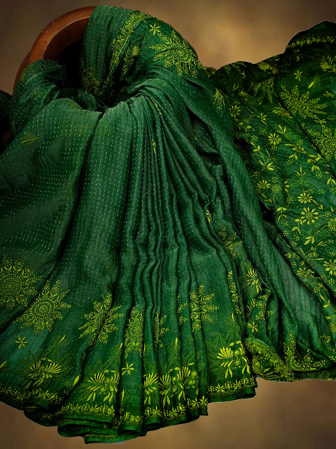 Ada Hand Embroidered Green Tissue Lucknowi Chikankari Saree and Blouse 01A679617