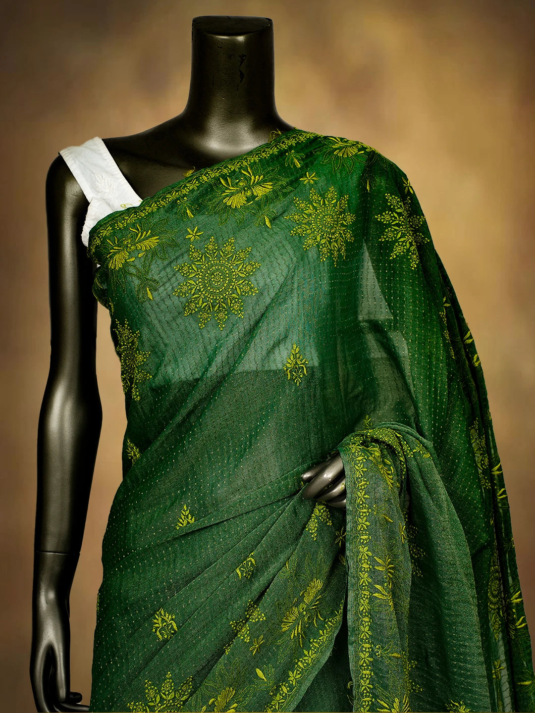 Ada Hand Embroidered Green Tissue Lucknowi Chikankari Saree and Blouse 01A679617
