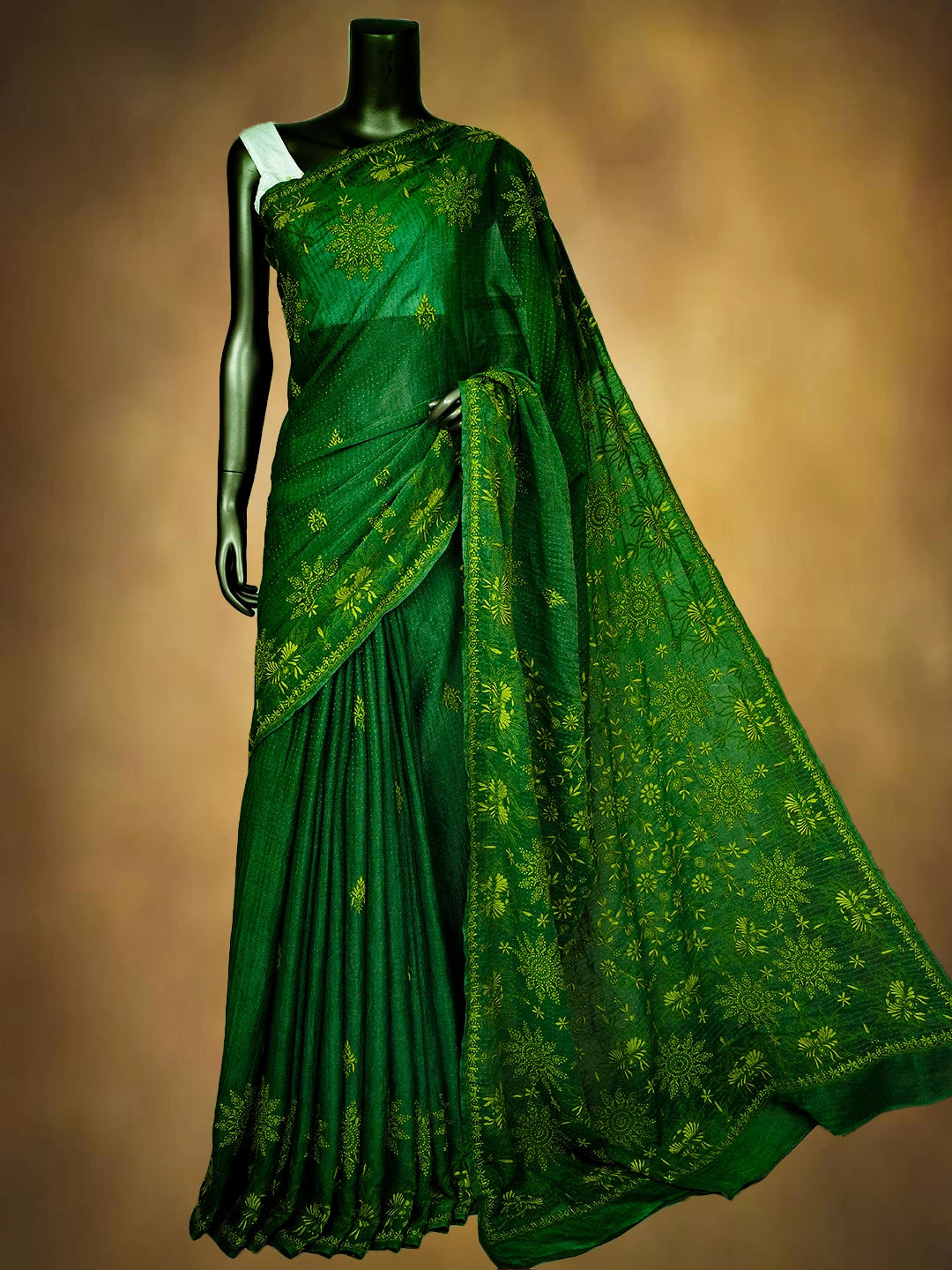 Ada Hand Embroidered Green Tissue Lucknowi Chikankari Saree and Blouse 01A679617
