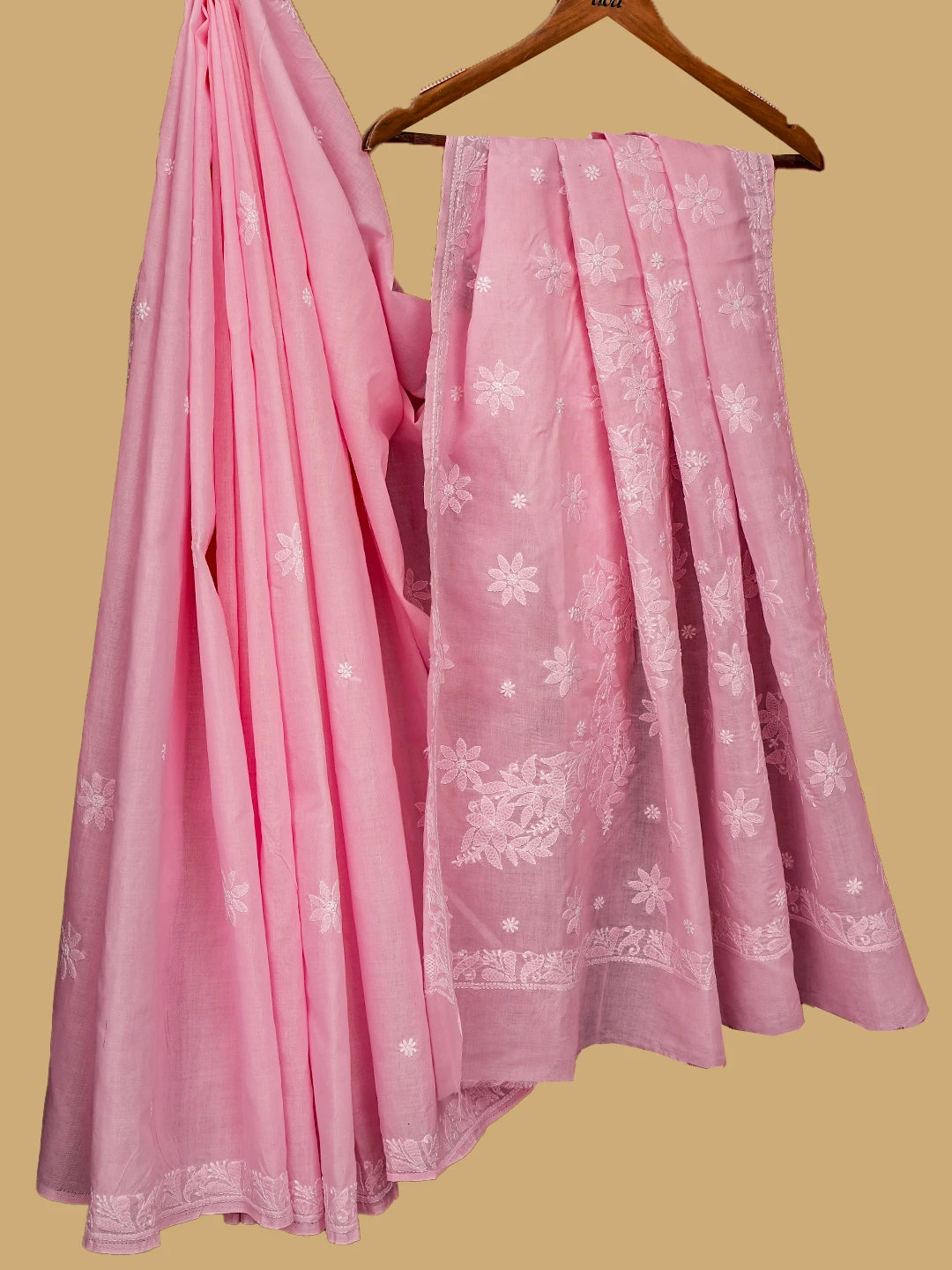 Ada Hand Embroidered Pink Cotton Lucknowi Chikankari Saree and Blouse 01A720531