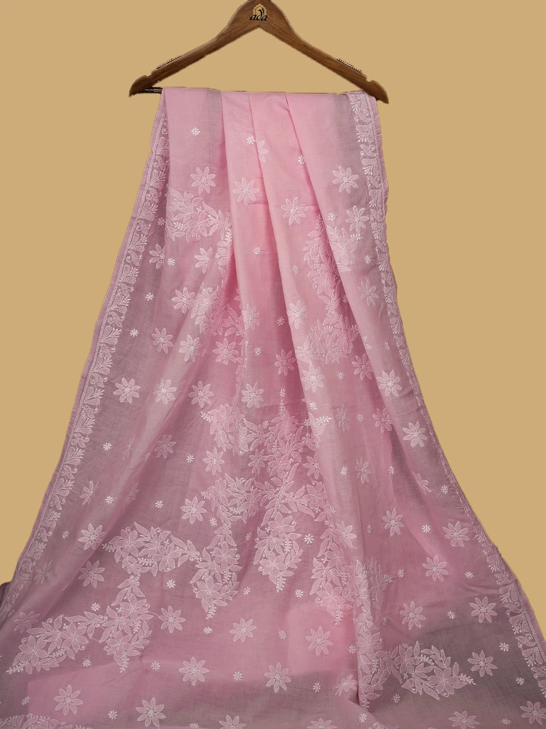 Ada Hand Embroidered Pink Cotton Lucknowi Chikankari Saree and Blouse 01A720531