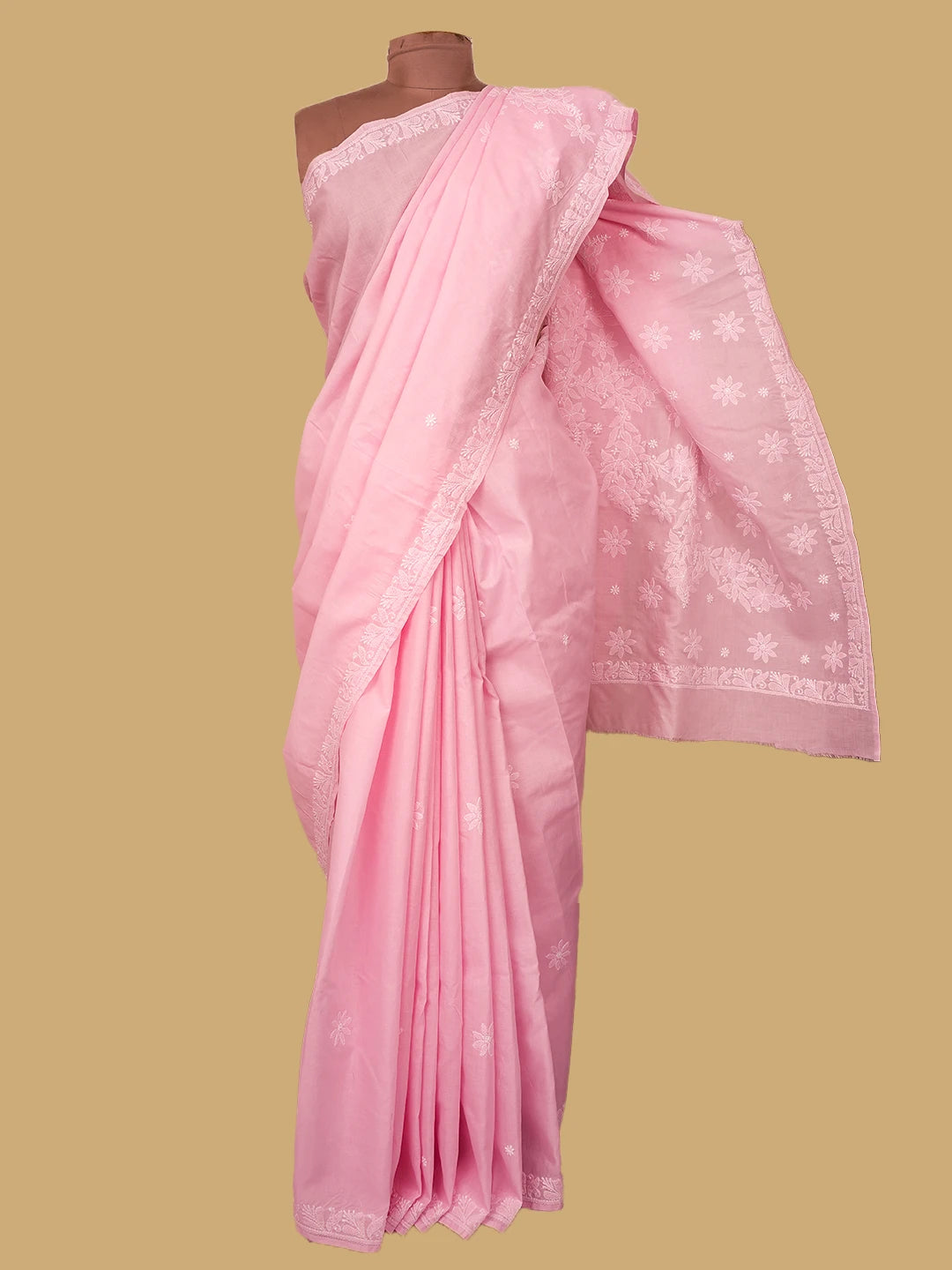 Ada Hand Embroidered Pink Cotton Lucknowi Chikankari Saree and Blouse 01A720531