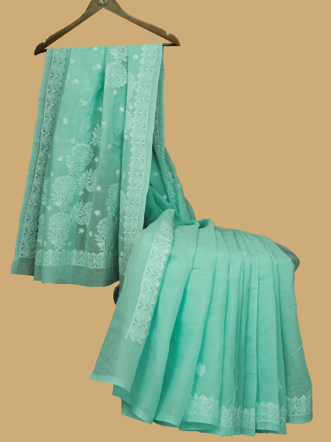 Ada Hand Embroidered Sea Green Cotton Lucknowi Chikankari Saree and Blouse 01A720553