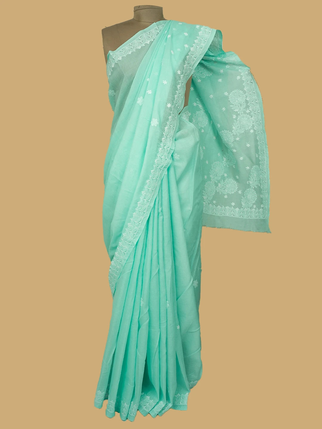 Ada Hand Embroidered Sea Green Cotton Lucknowi Chikankari Saree and Blouse 01A720553