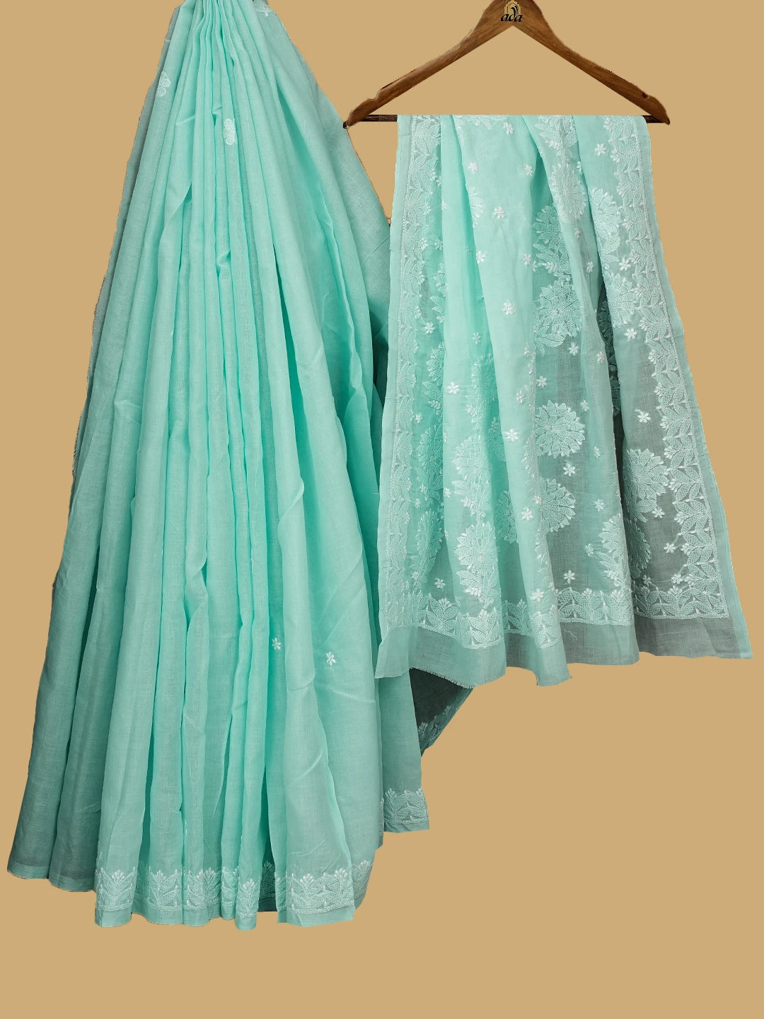 Ada Hand Embroidered Sea Green Cotton Lucknowi Chikankari Saree and Blouse 01A720553