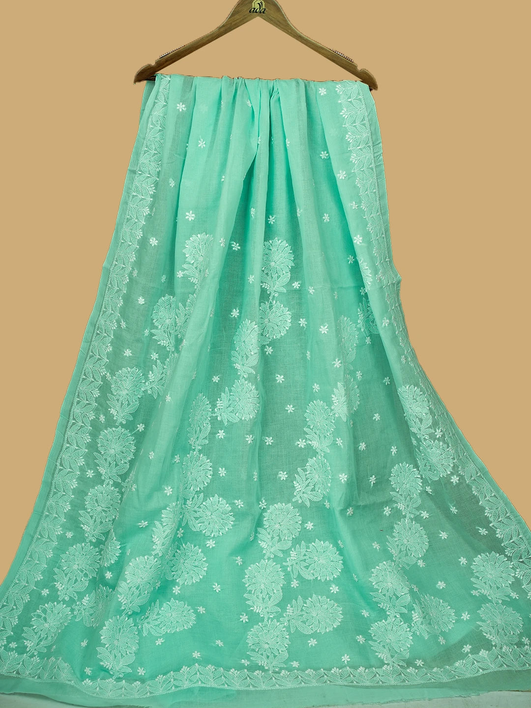 Ada Hand Embroidered Sea Green Cotton Lucknowi Chikankari Saree and Blouse 01A720553