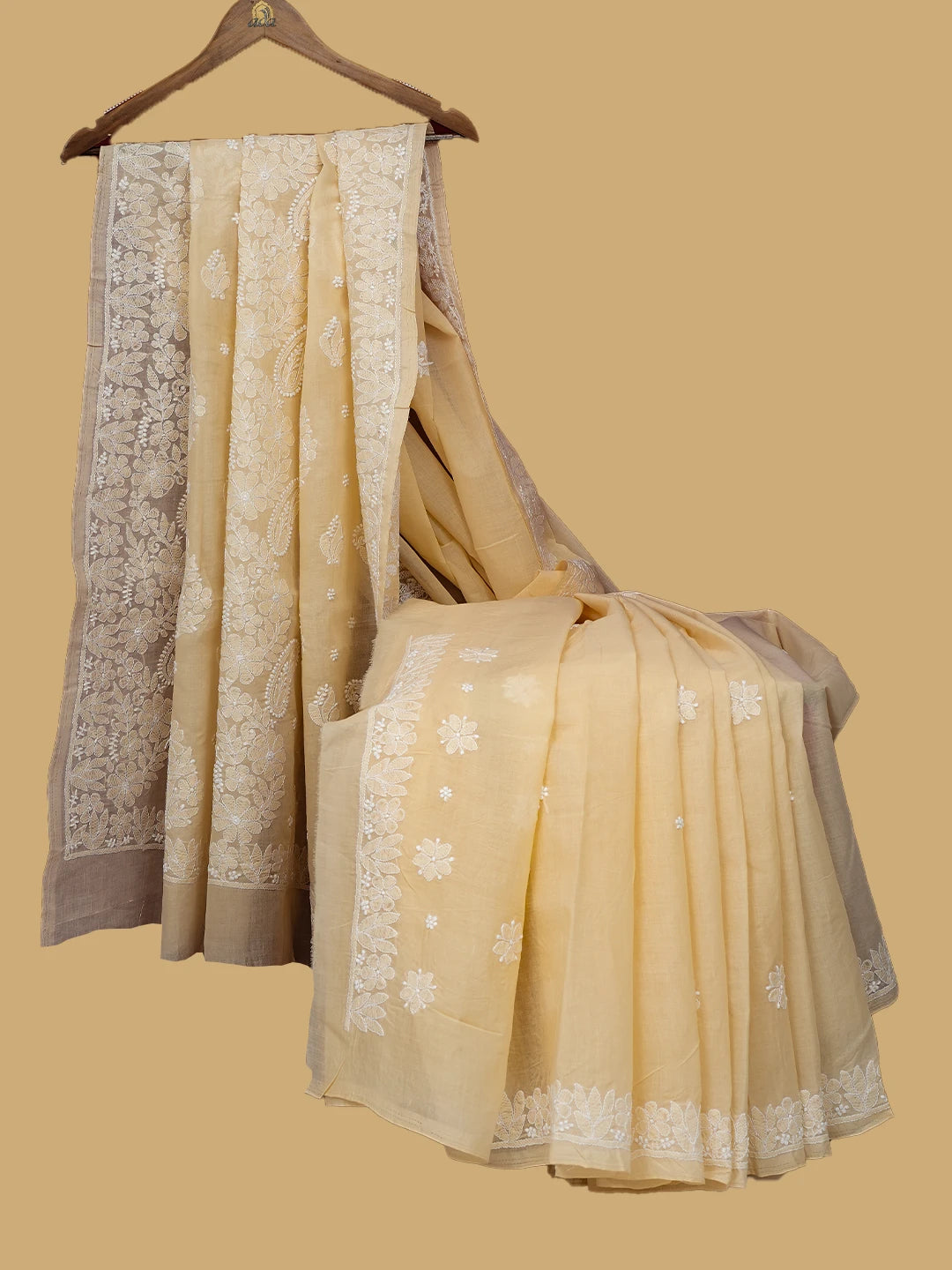Ada Hand Embroidered Fawn Cotton Lucknowi Chikankari Saree and Blouse 01A720526