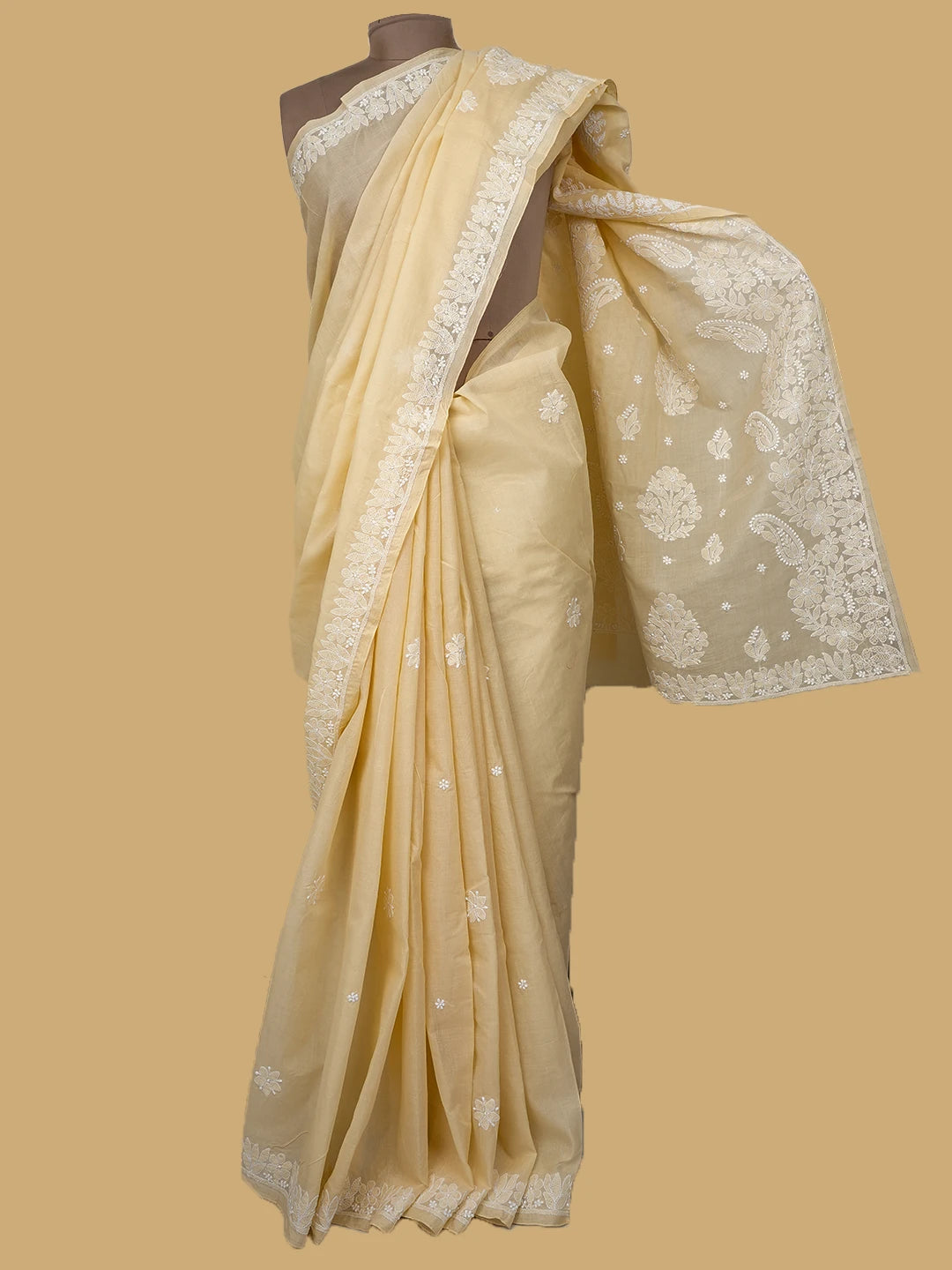 Ada Hand Embroidered Fawn Cotton Lucknowi Chikankari Saree and Blouse 01A720526