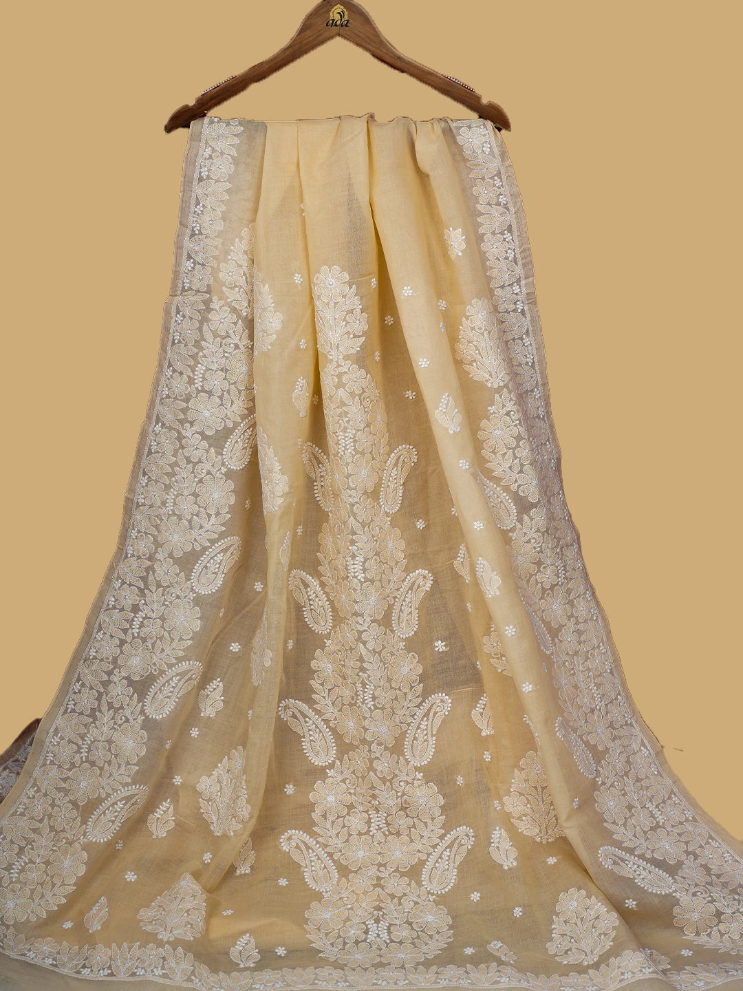 Ada Hand Embroidered Fawn Cotton Lucknowi Chikankari Saree and Blouse 01A720526