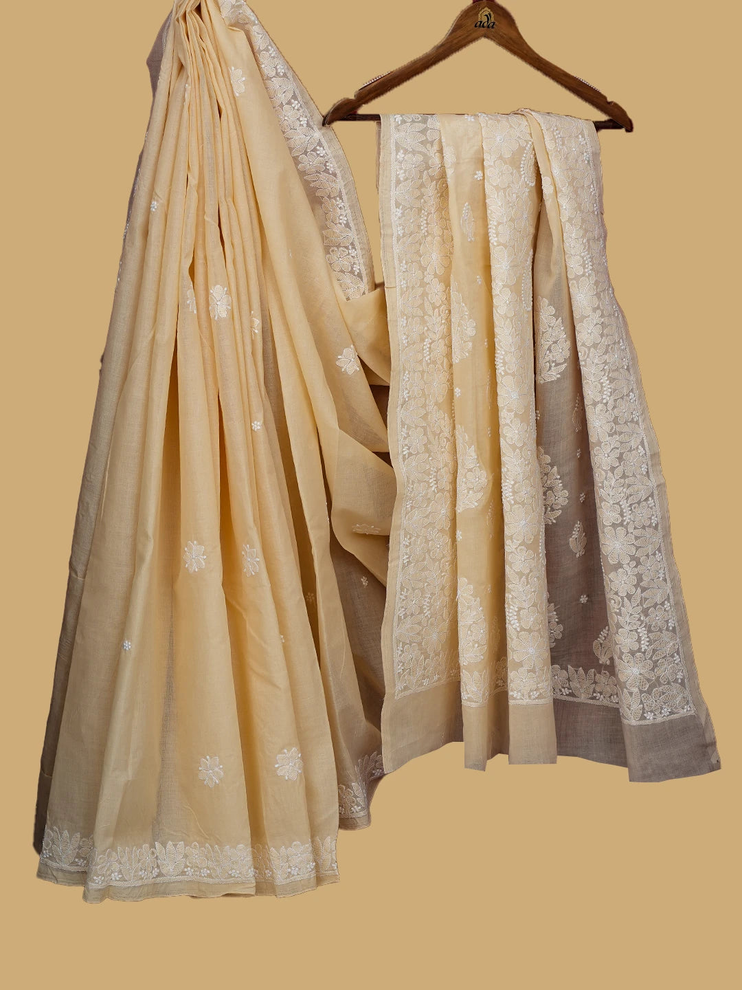 Ada Hand Embroidered Fawn Cotton Lucknowi Chikankari Saree and Blouse 01A720526