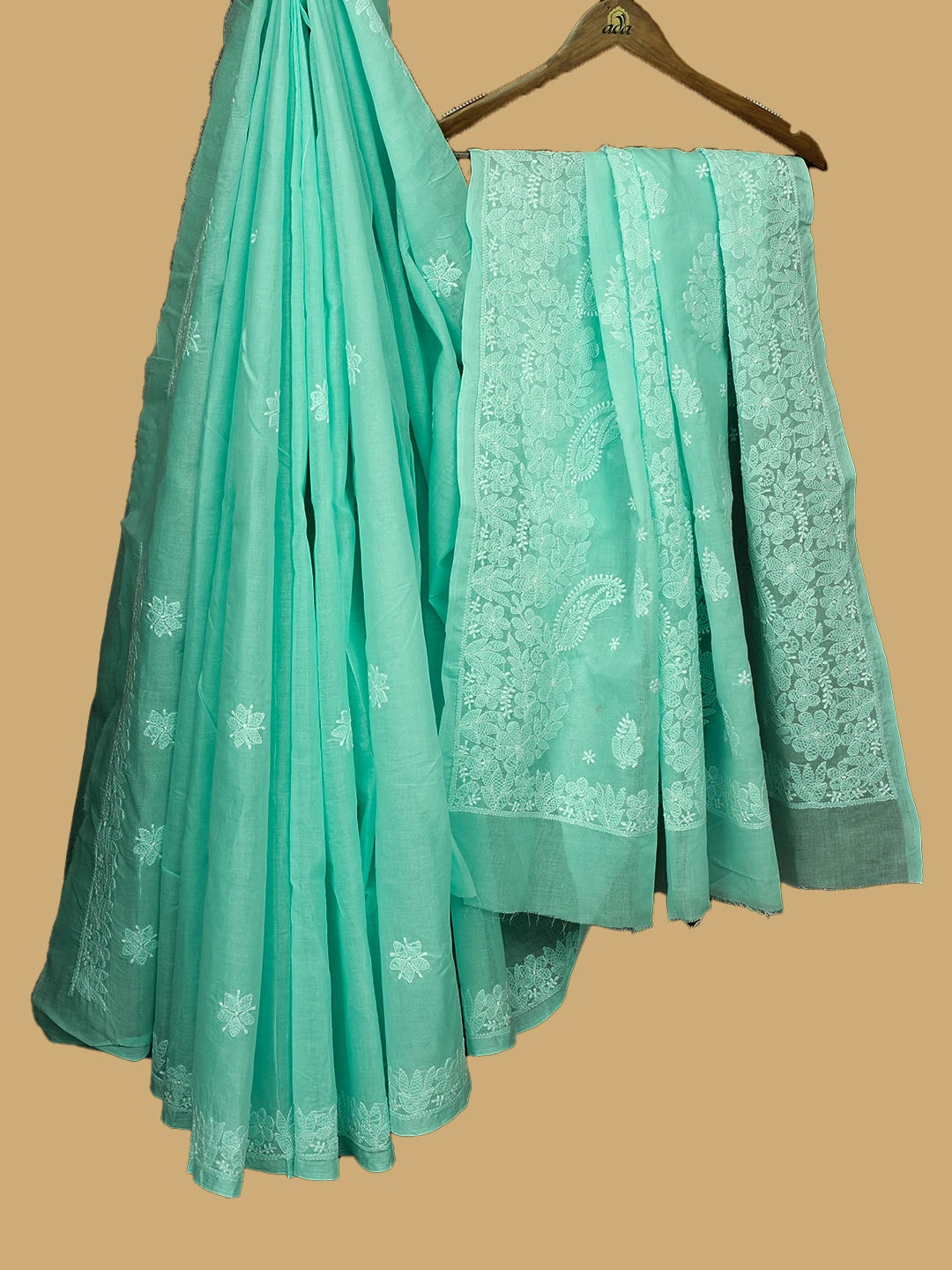 Ada Hand Embroidered Sea Green Cotton Lucknowi Chikankari Saree and Blouse 01A720556