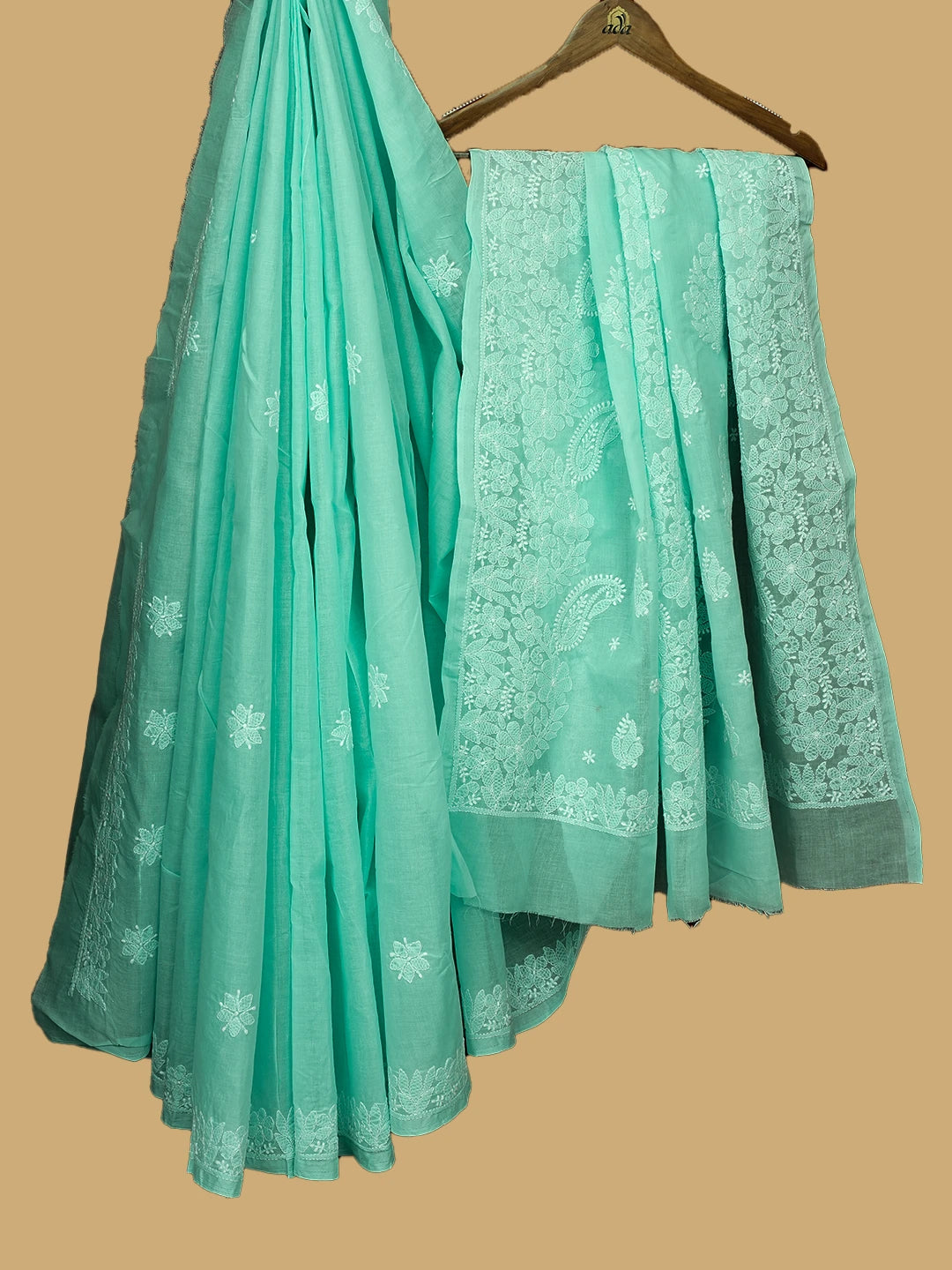 Ada Hand Embroidered Sea Green Cotton Lucknowi Chikankari Saree and Blouse 01A720556